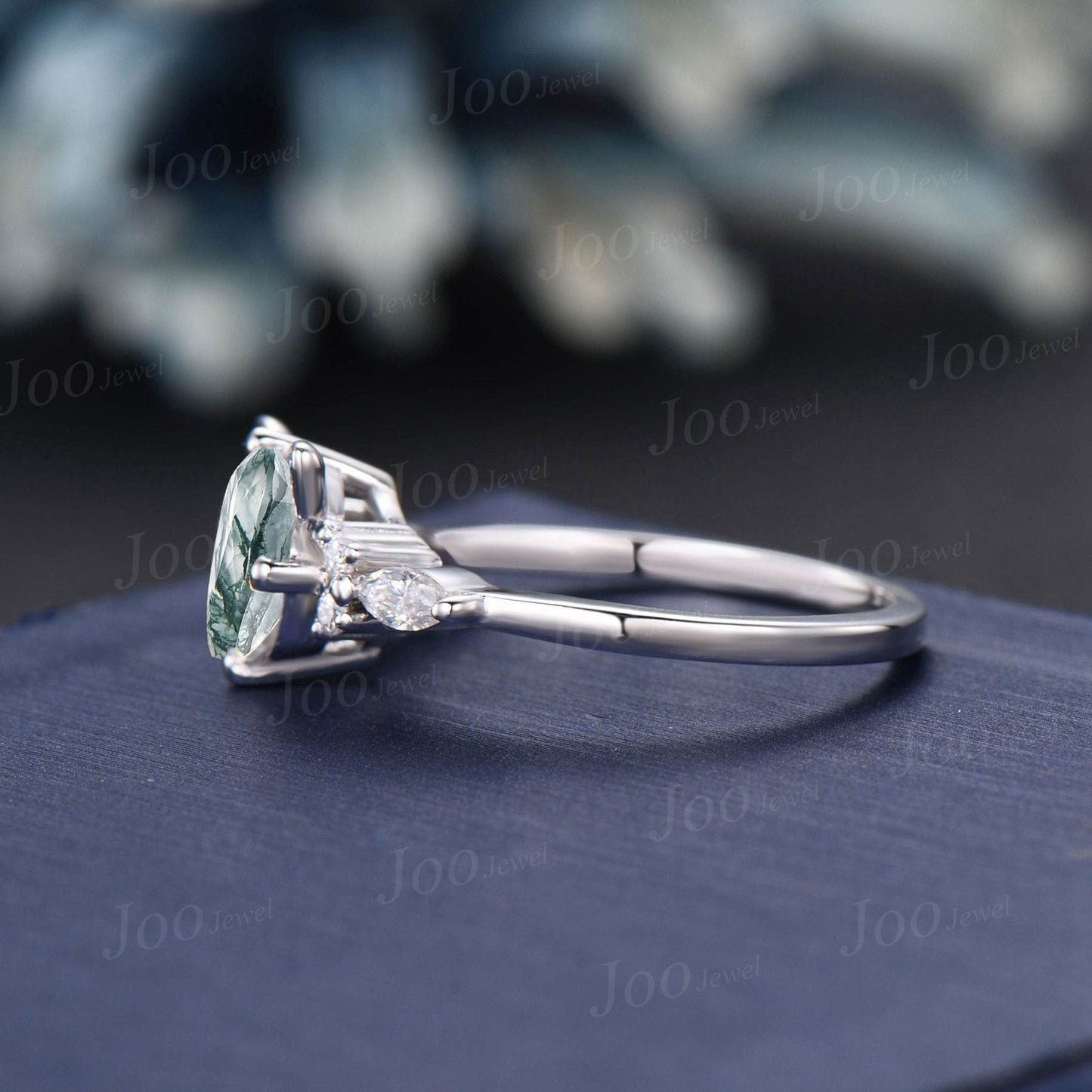 Cat Engagement Ring Silver Vintage 1.2ct Round Natural Moss Agate Moissanite Wedding Ring Peekaboo Kitten Green Gemstone Gifts for Cat Lover