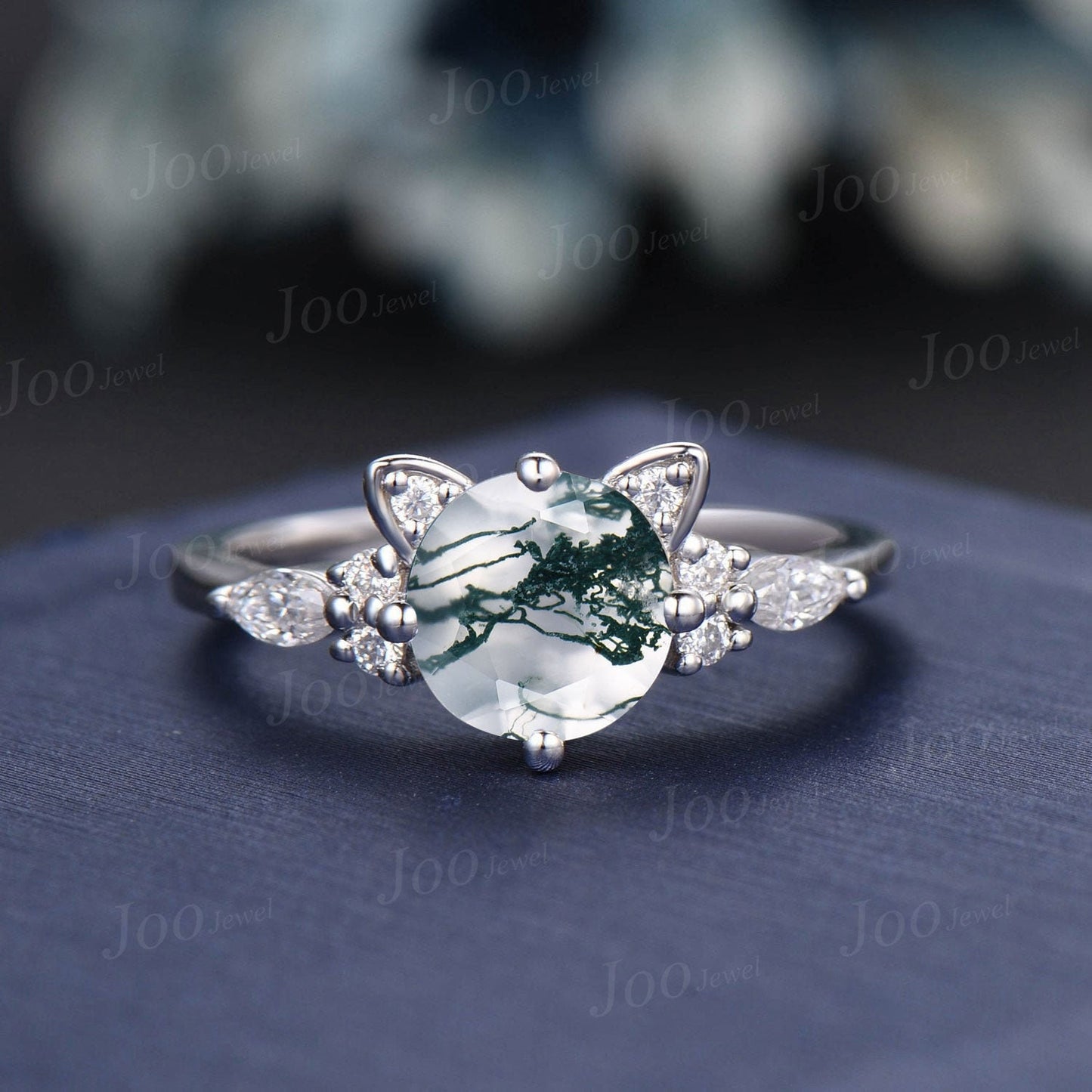Cat Engagement Ring Silver Vintage 1.2ct Round Natural Moss Agate Moissanite Wedding Ring Peekaboo Kitten Green Gemstone Gifts for Cat Lover