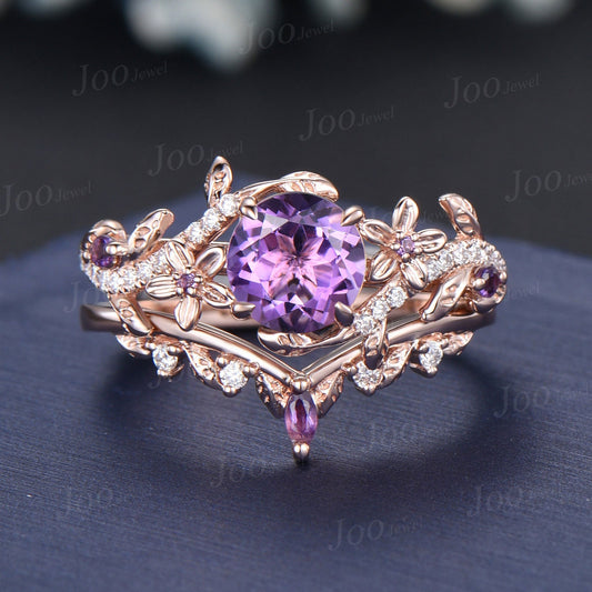 Nature Inspired Flower Real Amethyst Ring Set Round Amethyst Diamond Ring Vintage 14K Rose Gold Leaf Branch February Birthstone Bridal Set