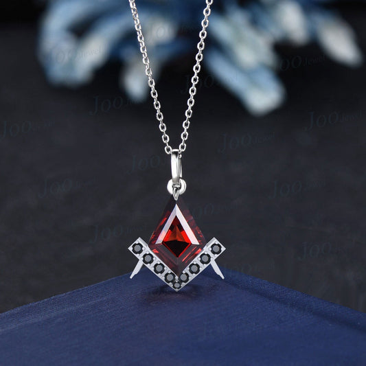 Black Red Necklace Unique Masonic Garnet Pendant Solid Gold Kite Red Garnet Pendant for Women/Men Freemason Gemstone Jewelry Vintage Gifts