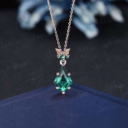 Kite Cut Green Emerald Wedding Necklace Unique May Birthstone Gift Vintage Solid 14k 18k Rose Gold Nature Inspired Branch Pendant for Women