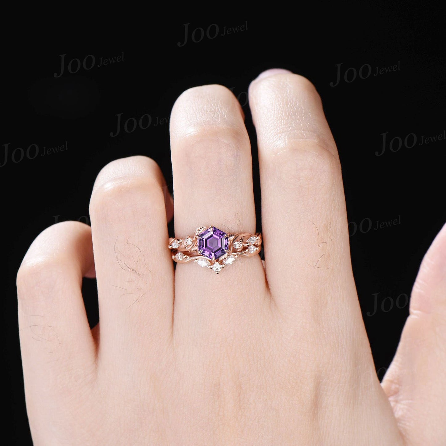 Hexagon Amethyst Engagement Ring Set Rose Gold Nature Inspired Moissanite Amethyst Wedding Ring Twisted Leaf Ring February Birthstone Gifts