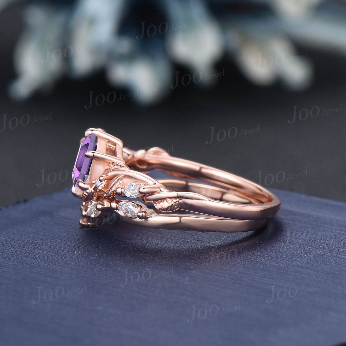 Hexagon Amethyst Engagement Ring Set Rose Gold Nature Inspired Moissanite Amethyst Wedding Ring Twisted Leaf Ring February Birthstone Gifts