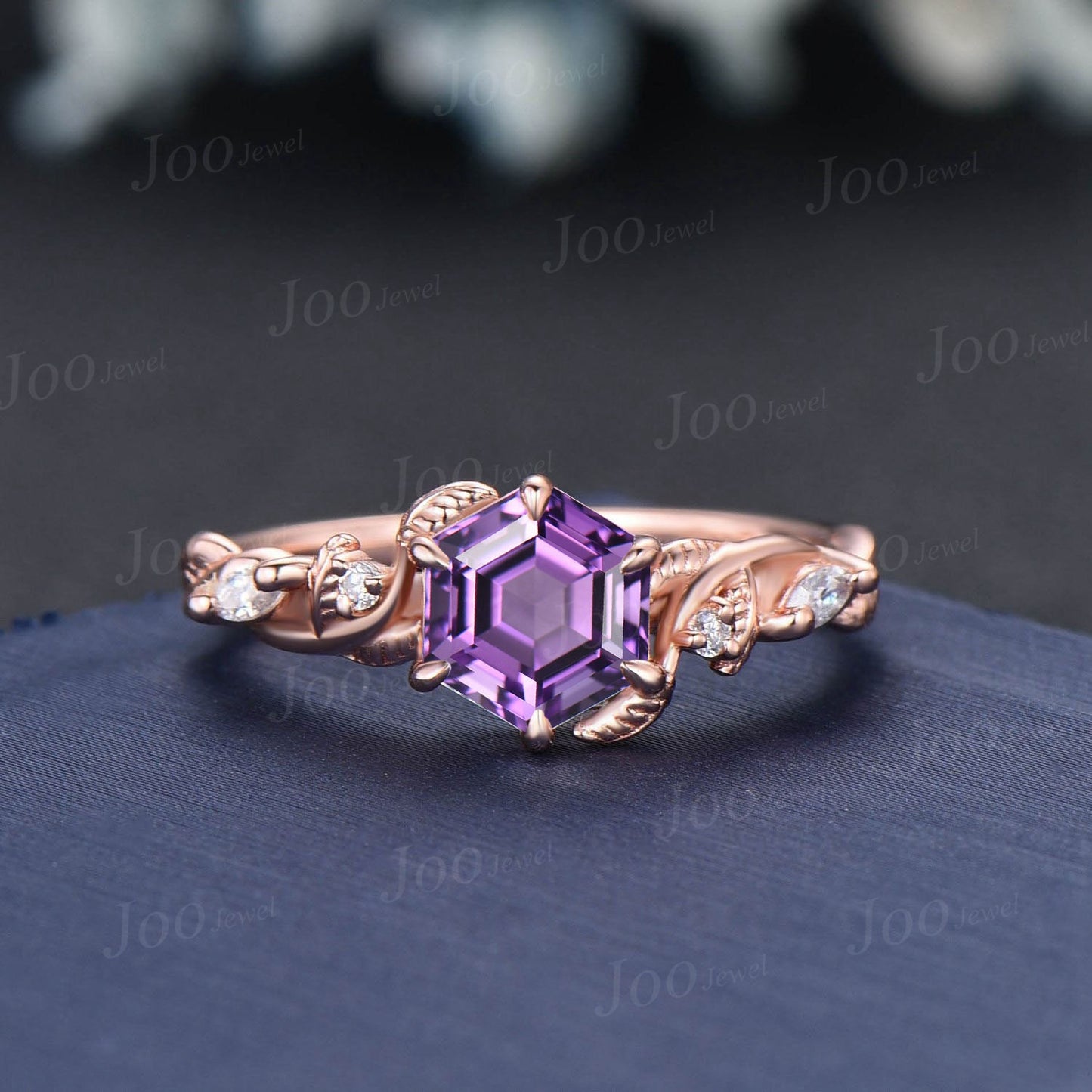 Hexagon Amethyst Engagement Ring Set Rose Gold Nature Inspired Moissanite Amethyst Wedding Ring Twisted Leaf Ring February Birthstone Gifts