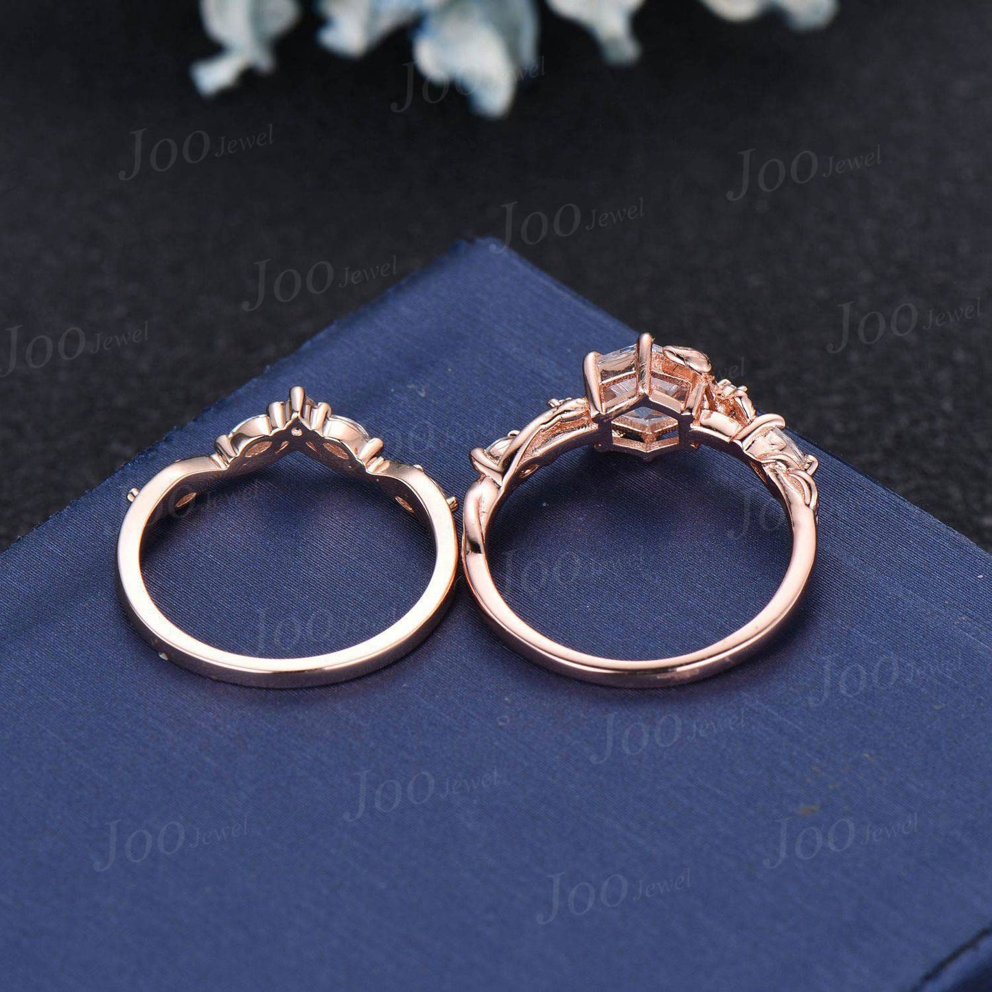 Hexagon Amethyst Engagement Ring Set Rose Gold Nature Inspired Moissanite Amethyst Wedding Ring Twisted Leaf Ring February Birthstone Gifts