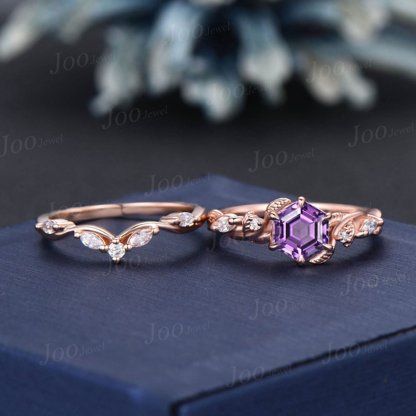 Hexagon Amethyst Engagement Ring Set Rose Gold Nature Inspired Moissanite Amethyst Wedding Ring Twisted Leaf Ring February Birthstone Gifts