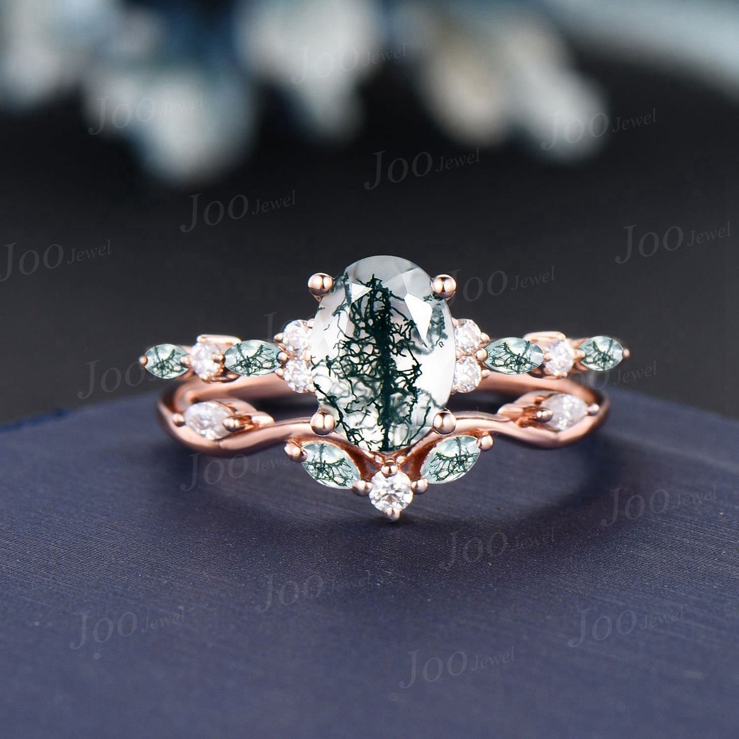 6*8mm Oval Cut Natural Moss Agate Moissanite Engagement Ring Set 14K Rose Gold Bridal Set Green Gemstone Wedding Ring Vintage Jewelry Gift