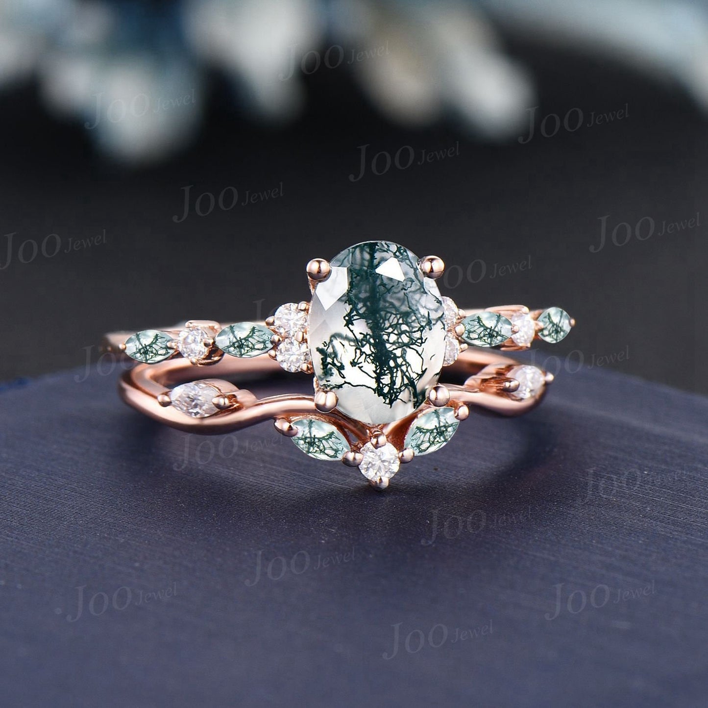 6*8mm Oval Cut Natural Moss Agate Moissanite Engagement Ring Set 14K Rose Gold Bridal Set Green Gemstone Wedding Ring Vintage Jewelry Gift