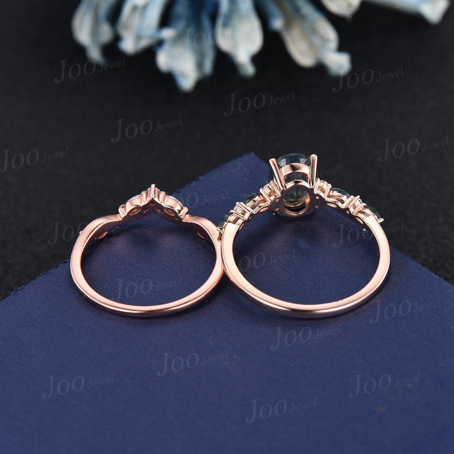 6*8mm Oval Cut Natural Moss Agate Moissanite Engagement Ring Set 14K Rose Gold Bridal Set Green Gemstone Wedding Ring Vintage Jewelry Gift