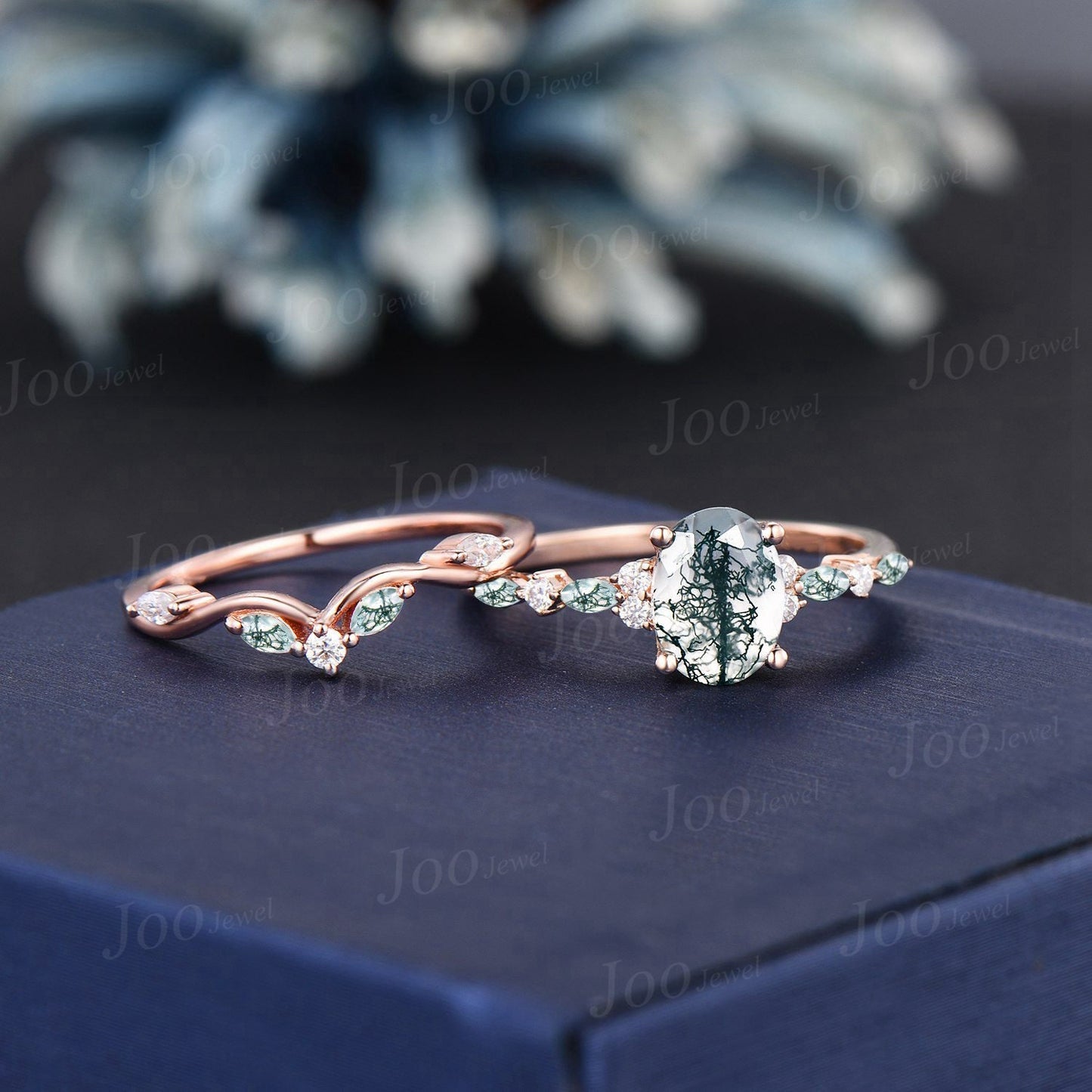 6*8mm Oval Cut Natural Moss Agate Moissanite Engagement Ring Set 14K Rose Gold Bridal Set Green Gemstone Wedding Ring Vintage Jewelry Gift