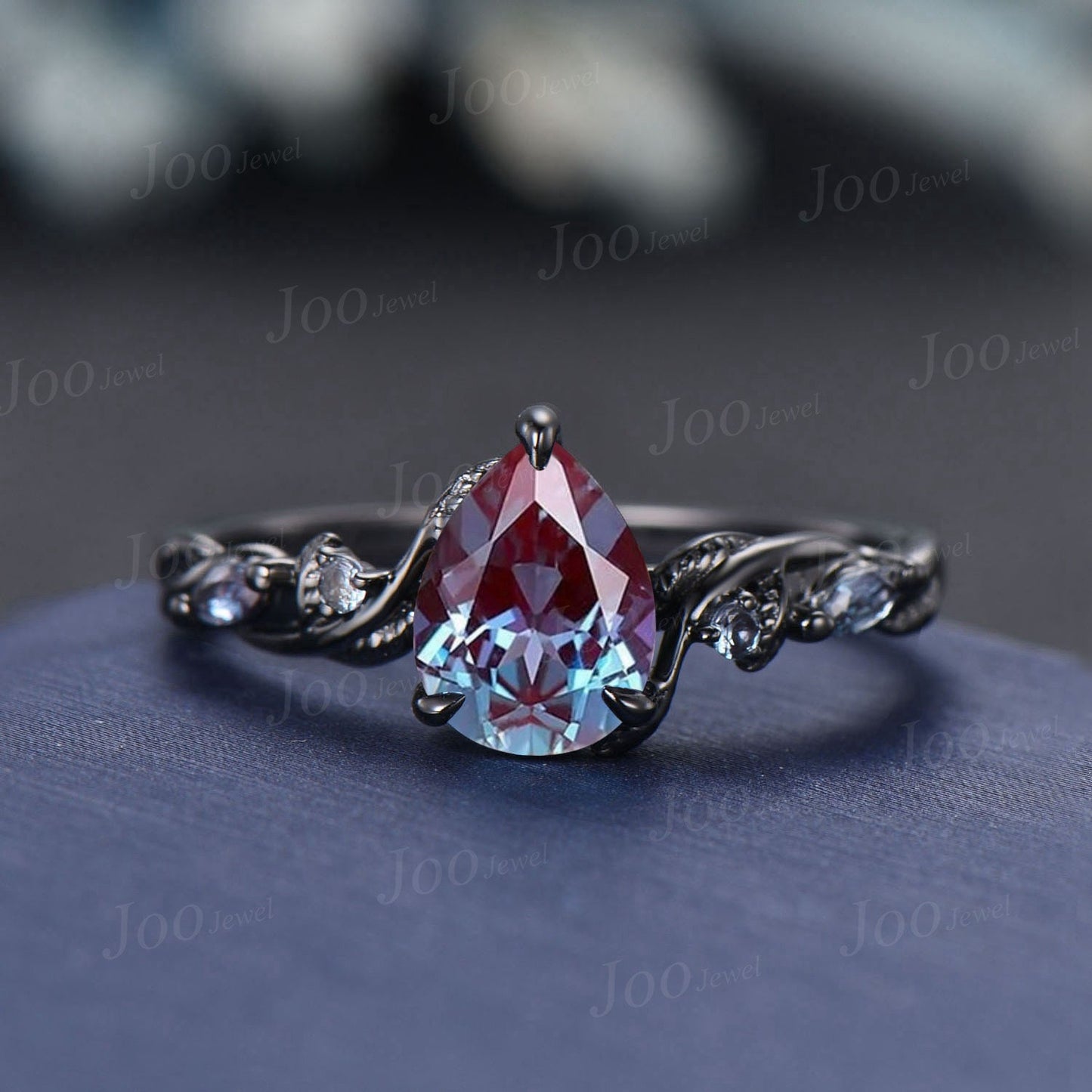 Black Gold Ring Set Nature Inspired Color-Changed Alexandrite Engagement Ring Set Twig Vine Pear Wedding Ring Unique June Birthstone Gifts