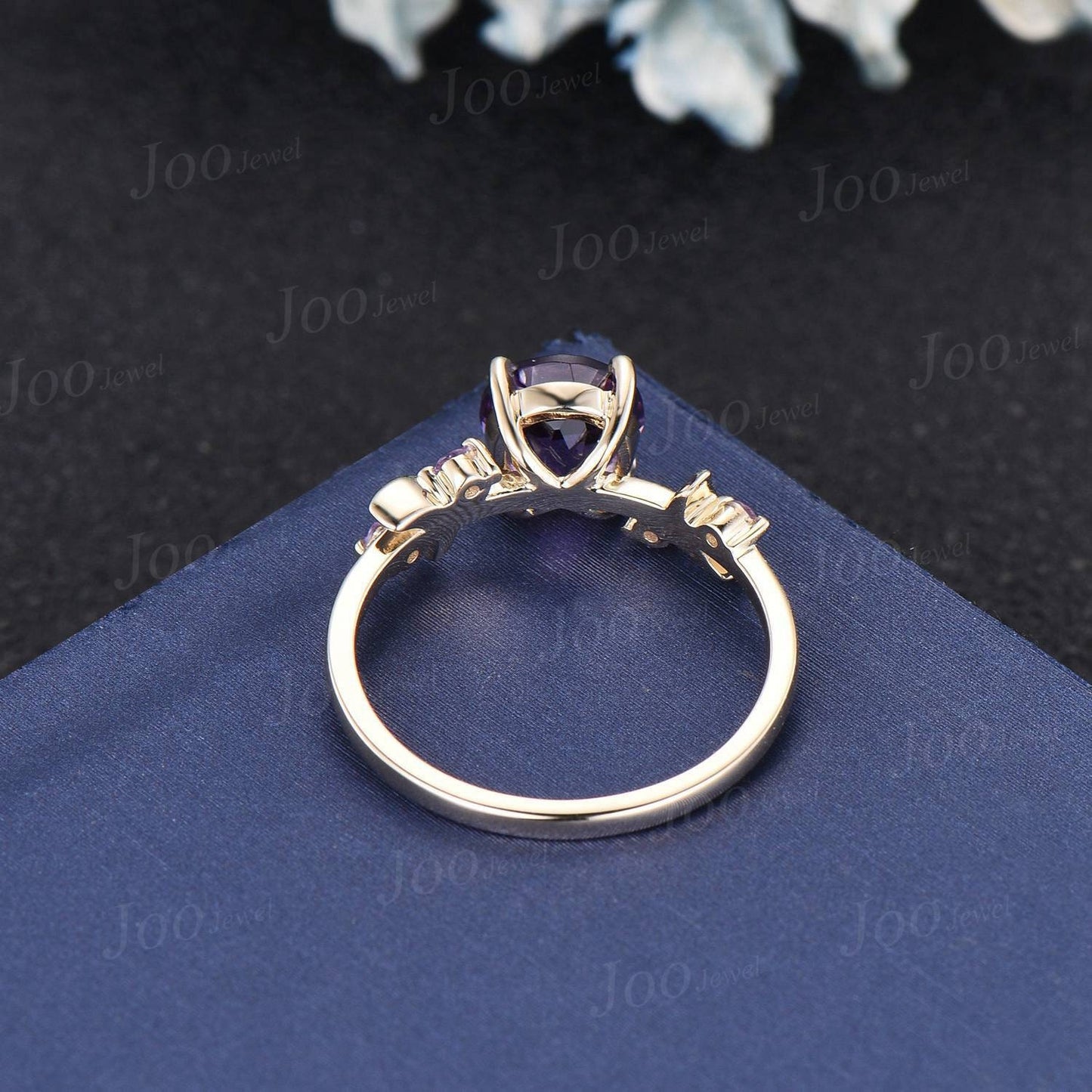 Purple Gemstone Promise Ring 14K Yellow Gold Round Natural Amethyst Moon Wedding Ring Cluster Art Deco Ring Unique February Birthstone Gifts