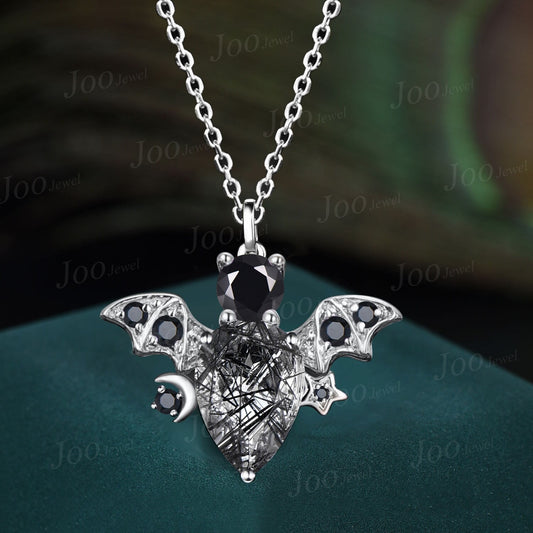 Pear Natural Black Rutilated Quartz Pendant Sterling Silver Moon Star Black Onyx Bat Necklace Antique Vintage Gothic Crystal Necklace Women