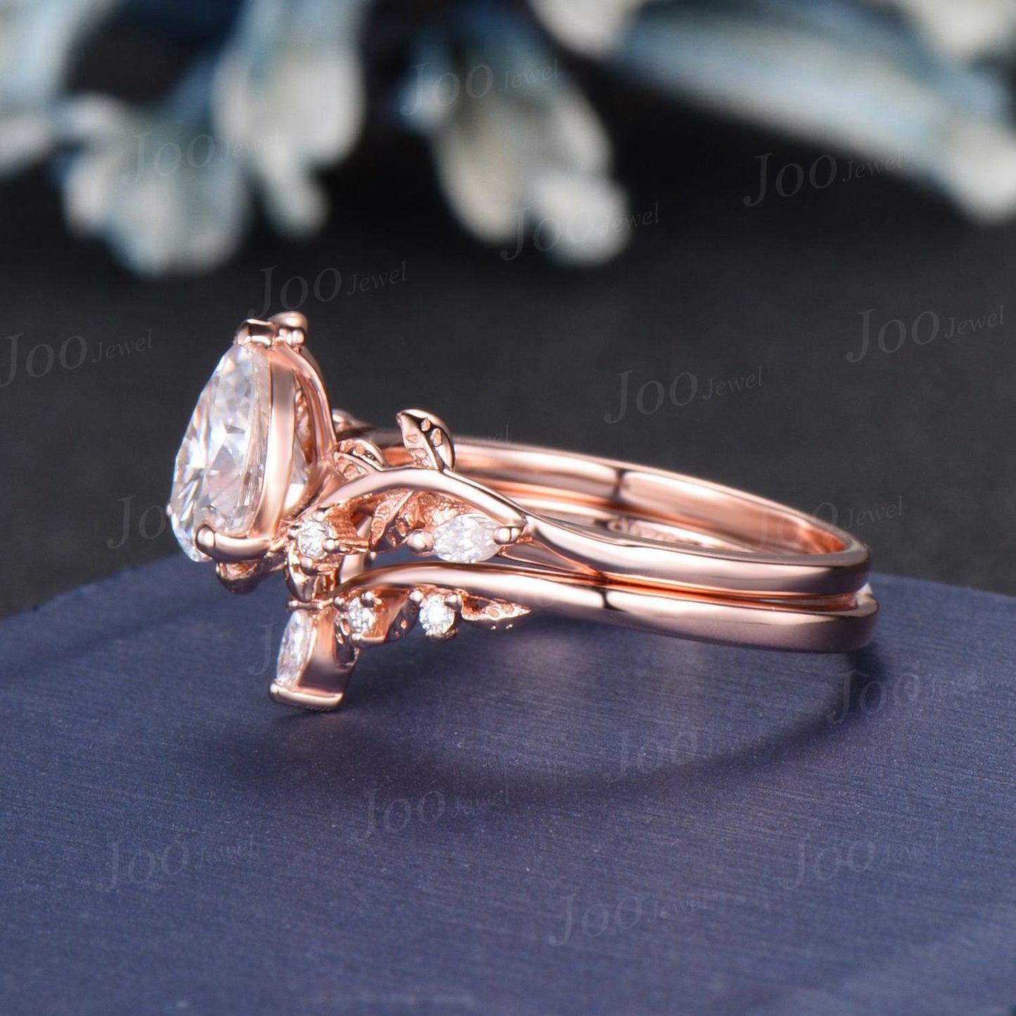 Vintage 14K Rose Gold Pear Lab Grown Diamond Wedding Ring with IGI Certificate Nature Inspired Diamond Ring Set