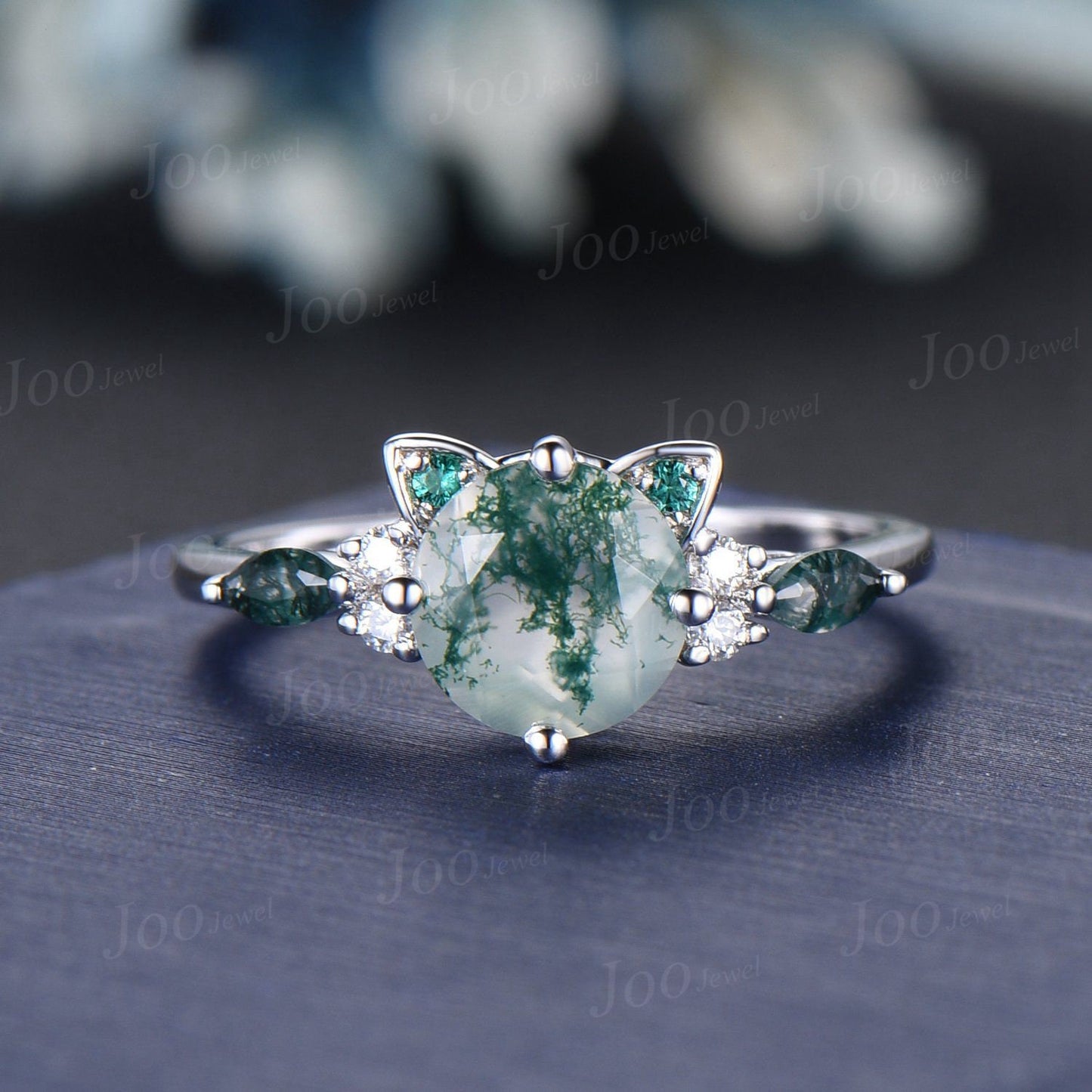 Cat Bridal Ring Set Vintage 1.2ct Round Cut Natural Green Moss Agate Emerald Cat Cut Promise Wedding Ring Peekaboo Kitten Animal Lover Gifts