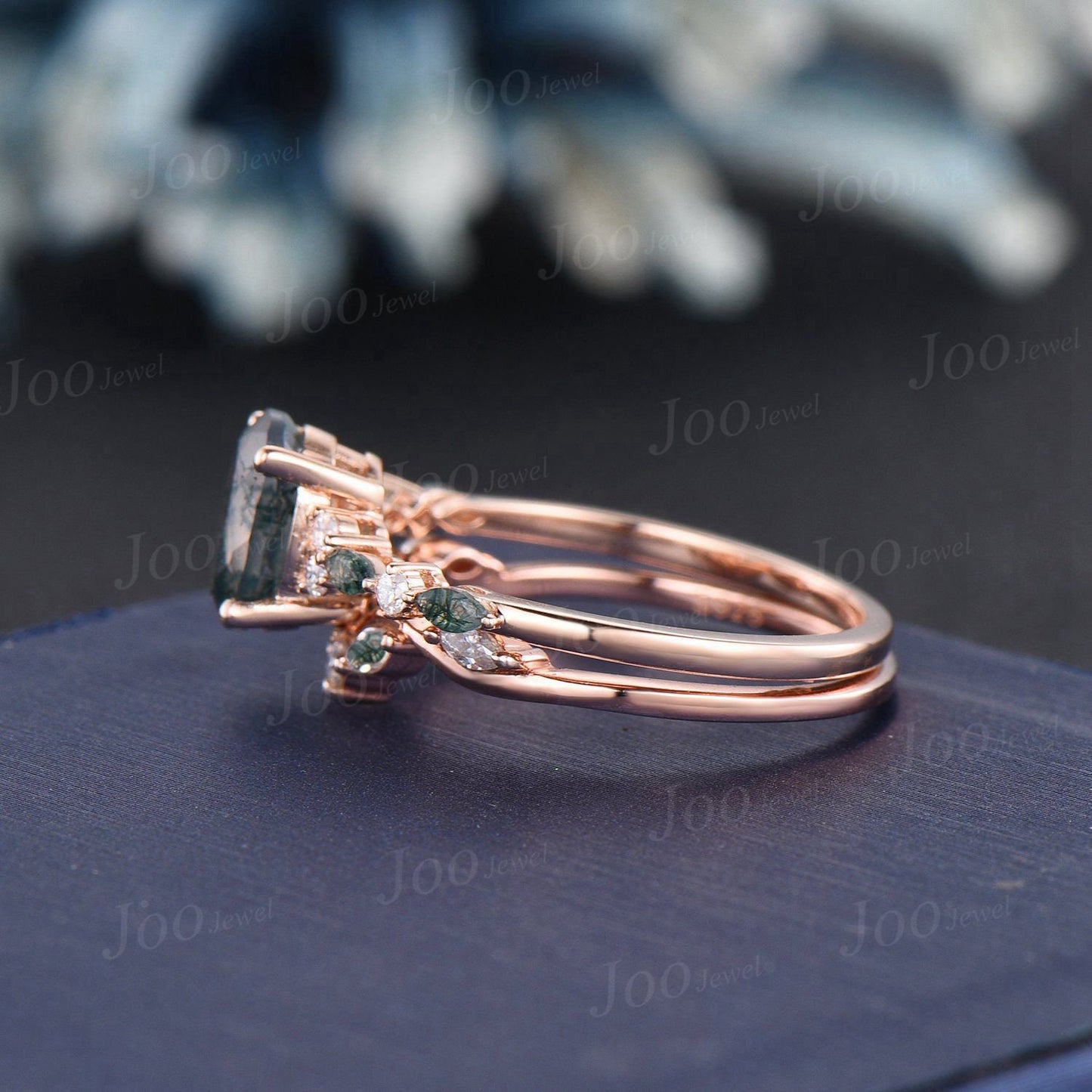 6*8mm Oval Cut Natural Moss Agate Moissanite Engagement Ring Set 14K Rose Gold Bridal Set Green Gemstone Wedding Ring Vintage Jewelry Gift