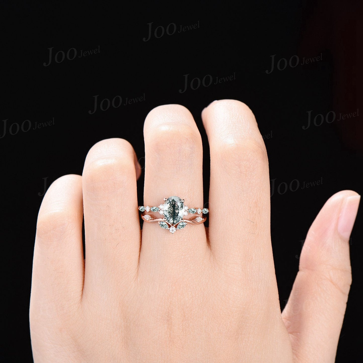 6*8mm Oval Cut Natural Moss Agate Moissanite Engagement Ring Set 14K Rose Gold Bridal Set Green Gemstone Wedding Ring Vintage Jewelry Gift