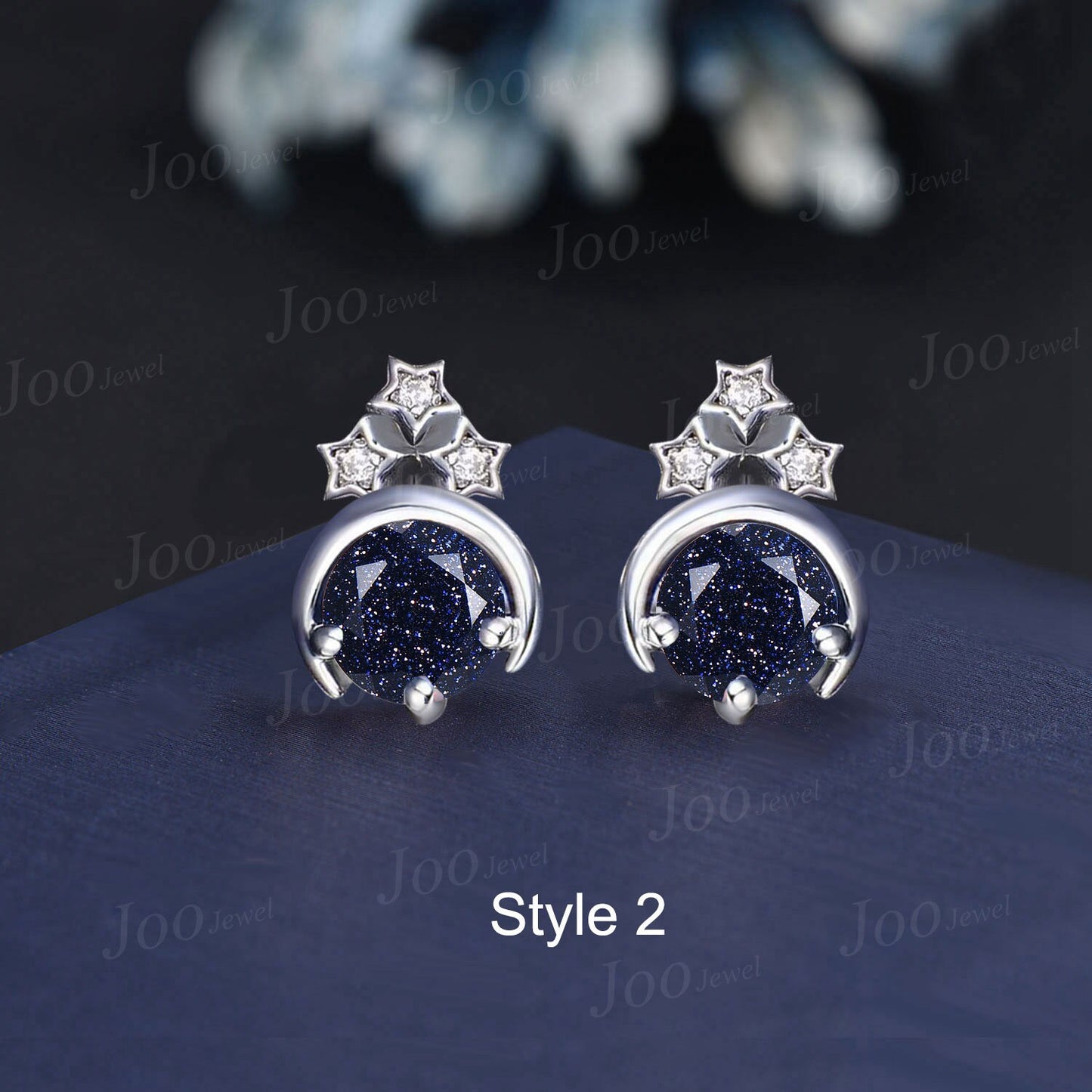 Sterling Silver Moon Star Stud Earrings Round Galaxy Blue Sandstone Earrings Vintage Blue Gemstone Earrings Unique Anniversary/Birthday Gift