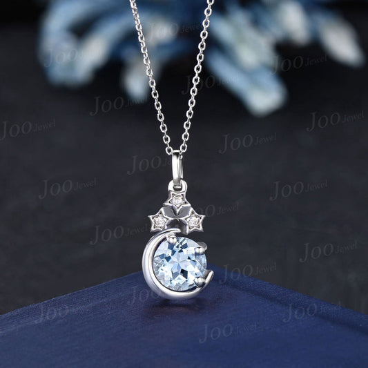 Sterling Silver Moon Star Necklace Round Natural Aquamarine Diamond Pendant Vintage Unique Personalized March Birthstone Birthday Gift Women