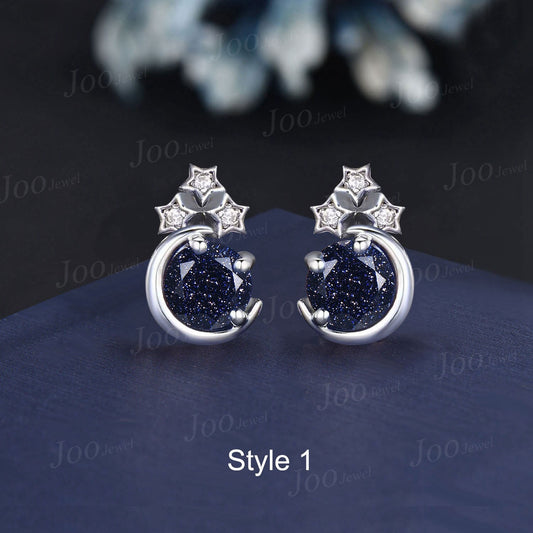 Sterling Silver Moon Star Stud Earrings Round Galaxy Blue Sandstone Earrings Vintage Blue Gemstone Earrings Unique Anniversary/Birthday Gift