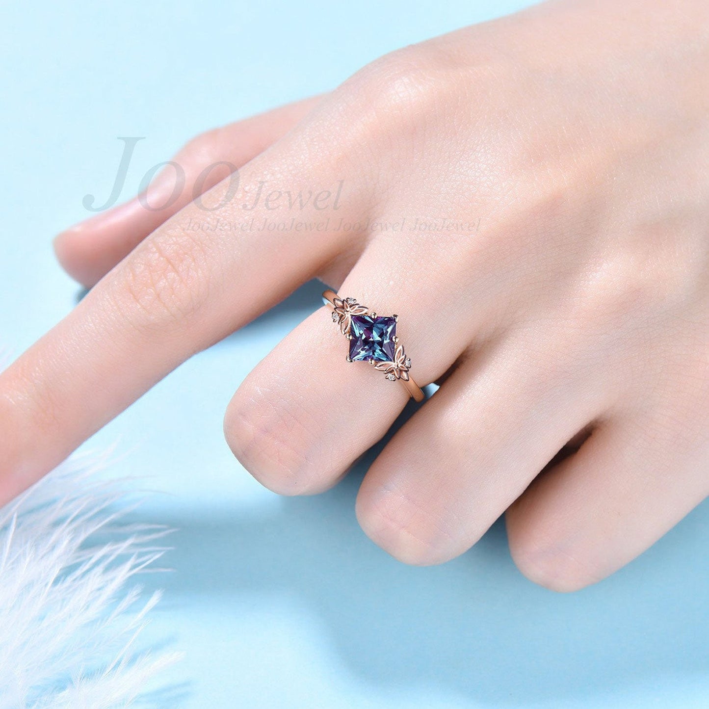 Princess Cut Alexandrite Diamond Trinity Celtic Knot Engagement Ring 14K Rose Gold Scottish Irish Leaf Branch Ring Unique Anniversary Gifts