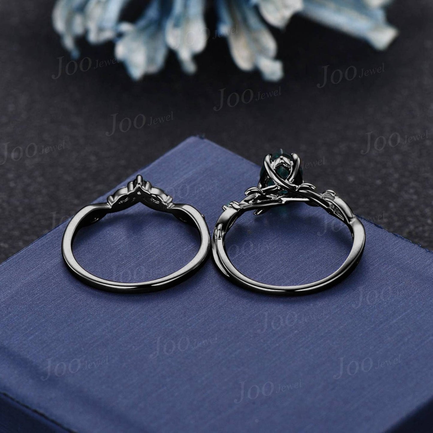 2ct Princess Cut Green Sapphire Engagement Ring Set 10K Black Gold Twig Vine Emerald Agate Wedding Ring Goth Unique Antique Promise Ring