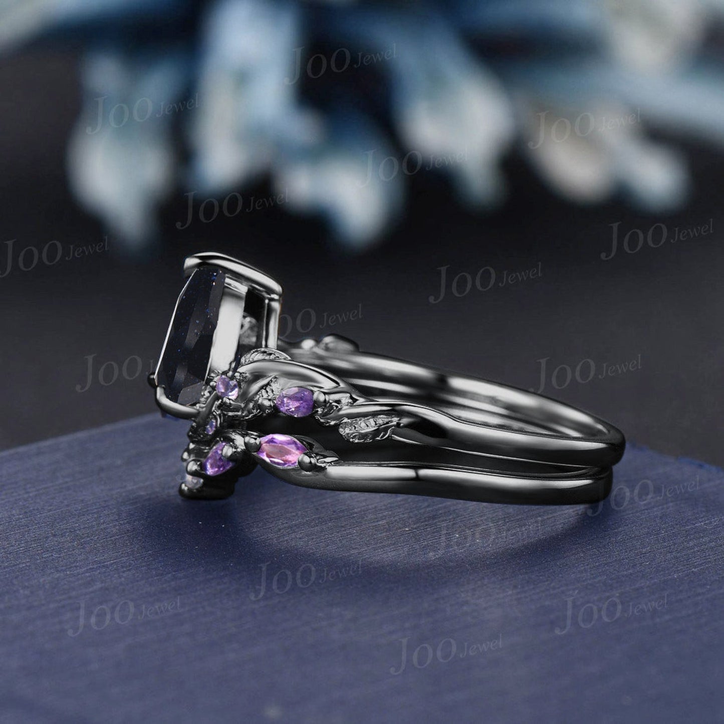 Princess Cut Blue Goldstone Ring Set Nature Inspired Galaxy Blue Sandstone Amethyst Bridal Set Unique Twig Vine Black Gold Wedding Ring Set