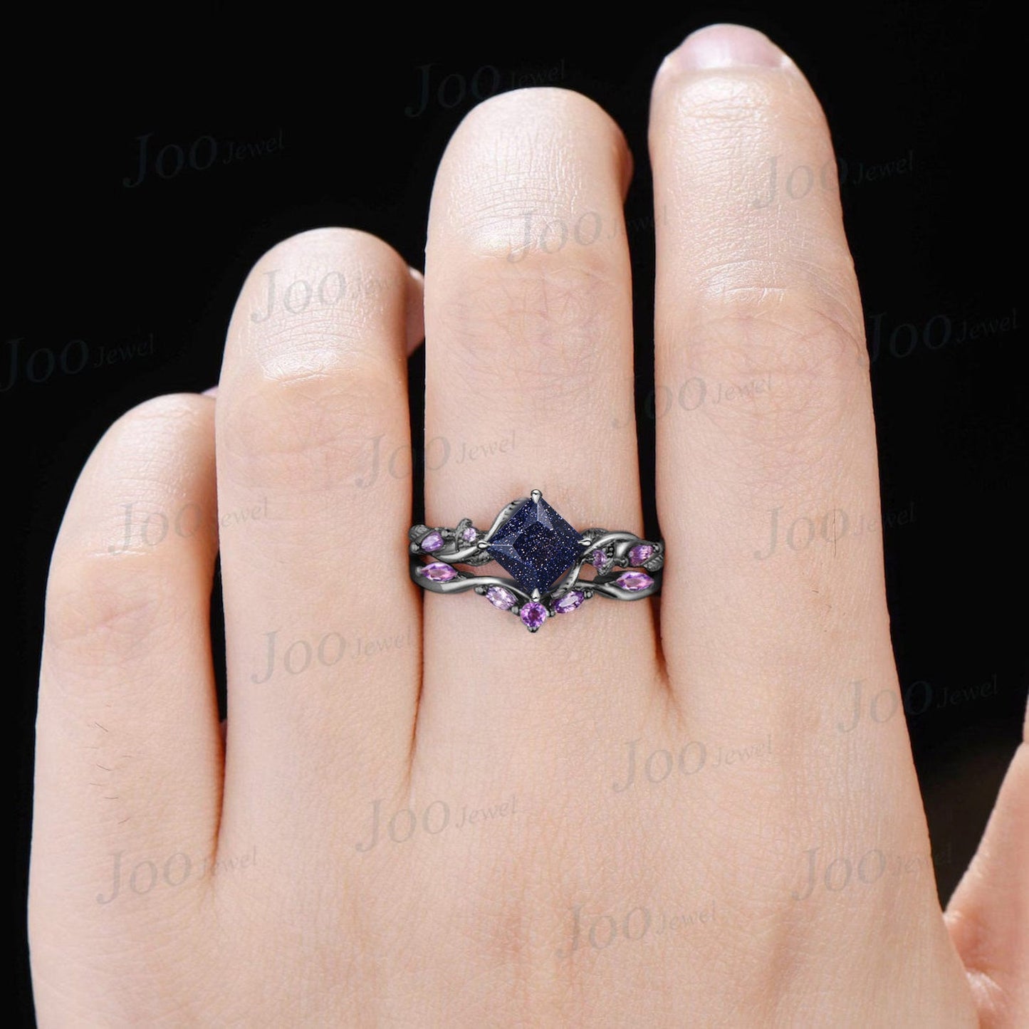 Princess Cut Blue Goldstone Ring Set Nature Inspired Galaxy Blue Sandstone Amethyst Bridal Set Unique Twig Vine Black Gold Wedding Ring Set