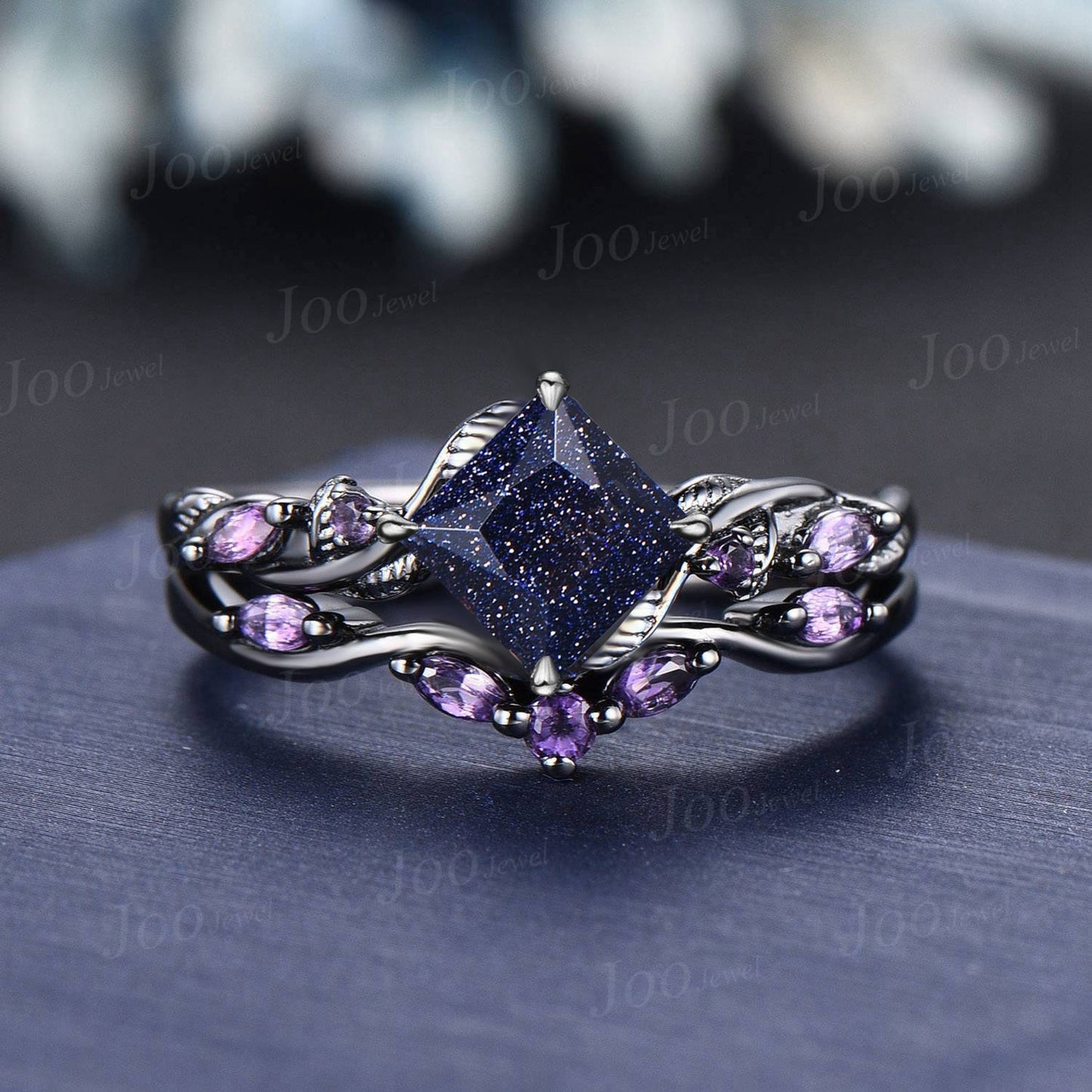 Princess Cut Blue Goldstone Ring Set Nature Inspired Galaxy Blue Sandstone Amethyst Bridal Set Unique Twig Vine Black Gold Wedding Ring Set