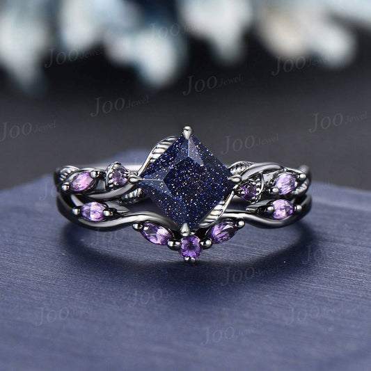 Princess Cut Blue Goldstone Ring Set Nature Inspired Galaxy Blue Sandstone Amethyst Bridal Set Unique Twig Vine Black Gold Wedding Ring Set
