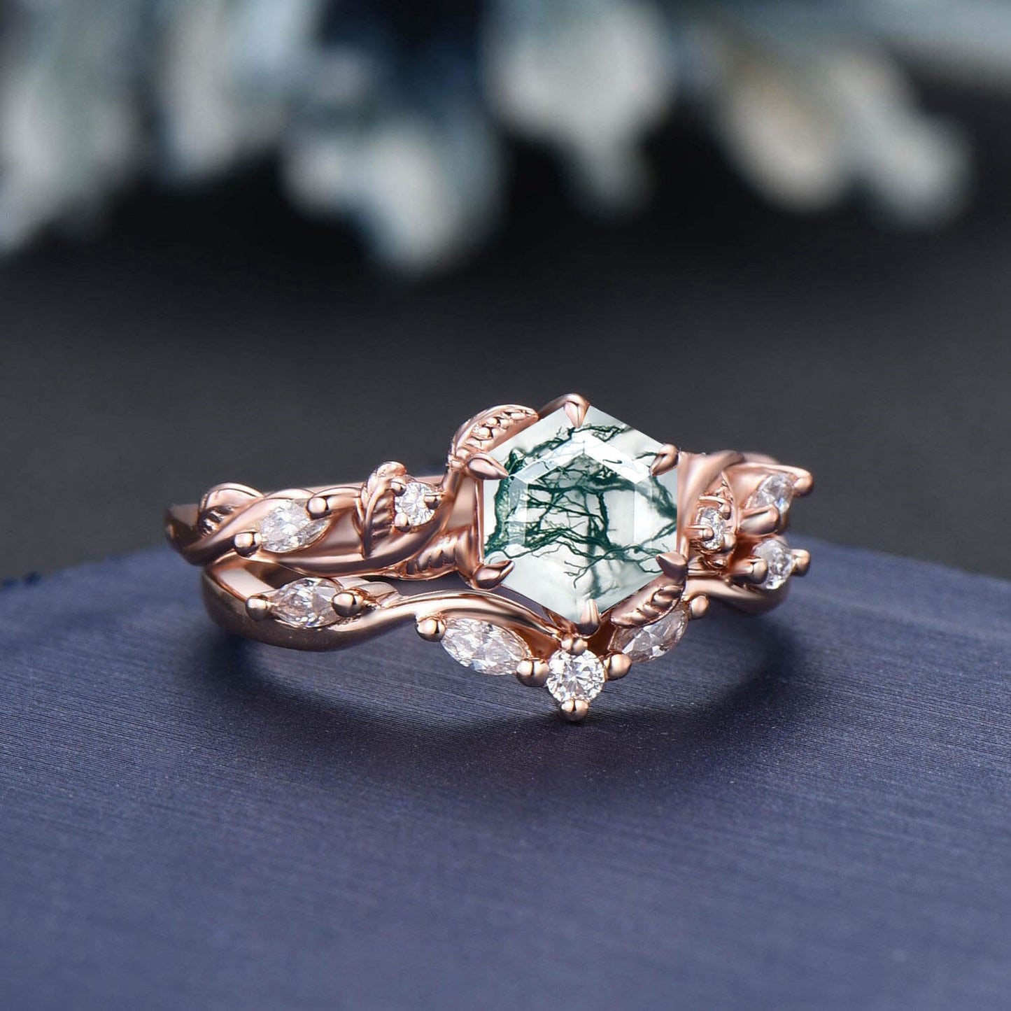 Twig Vine Kite/Princess/Heart/Oval Cut Natural Moss Agate Moissanite Engagement Ring Set Green Agate Wedding Ring Vintage Branch Bridal Set