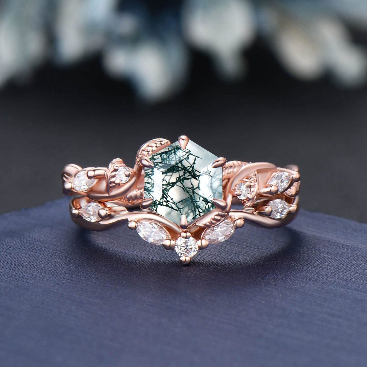 Twig Vine Kite/Princess/Heart/Oval Cut Natural Moss Agate Moissanite Engagement Ring Set Green Agate Wedding Ring Vintage Branch Bridal Set