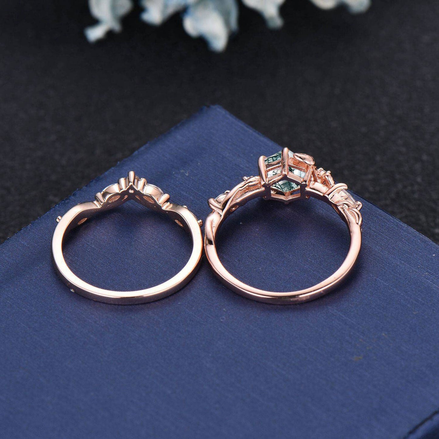 Twig Vine Kite/Princess/Heart/Oval Cut Natural Moss Agate Moissanite Engagement Ring Set Green Agate Wedding Ring Vintage Branch Bridal Set