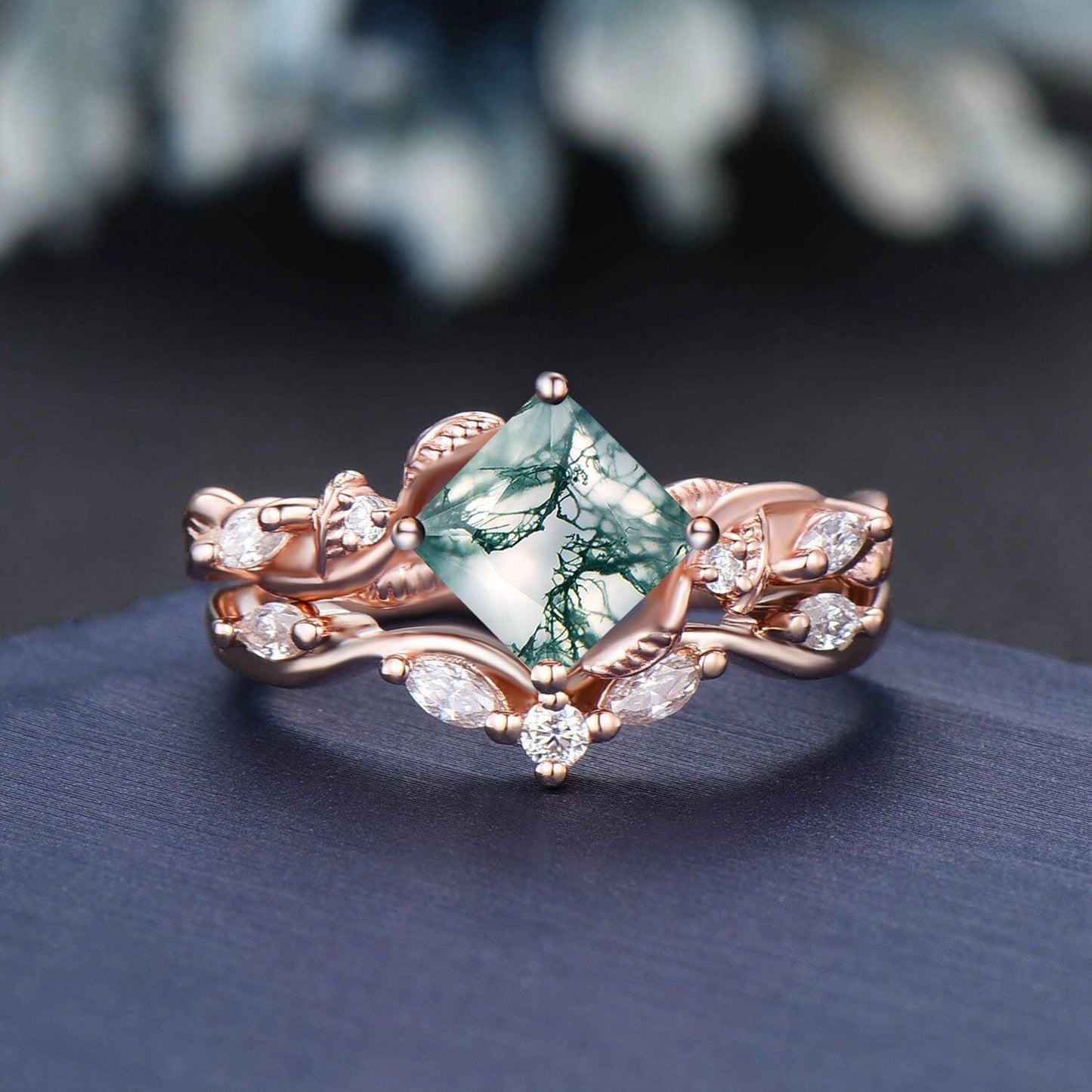 Twig Vine Kite/Princess/Heart/Oval Cut Natural Moss Agate Moissanite Engagement Ring Set Green Agate Wedding Ring Vintage Branch Bridal Set