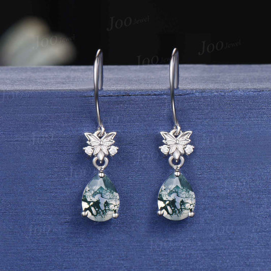 Trinity Celtic Knot Moss Agate Dangle Earrings Vintage Sterling Silver Pear Cut Natural Green Gemstone Earrings Women Birthday Gifts Women