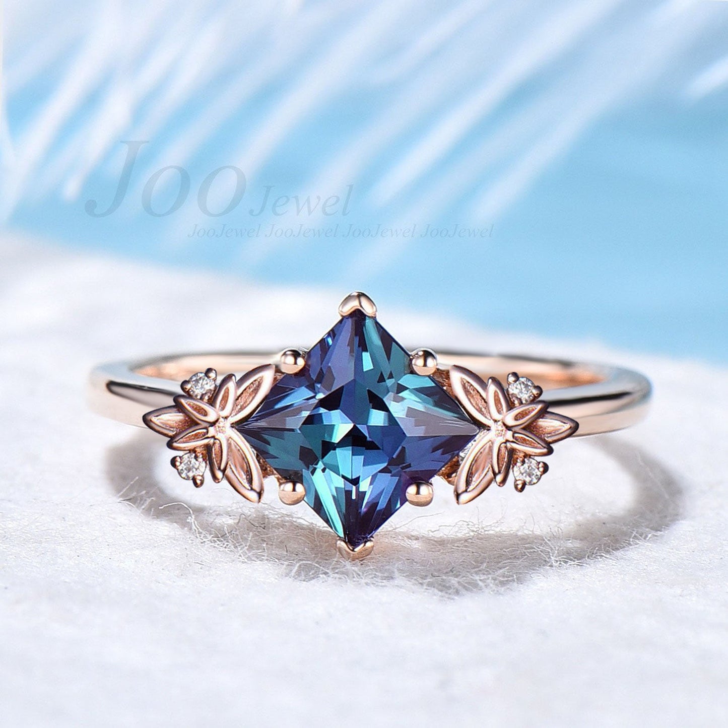 Princess Cut Alexandrite Diamond Trinity Celtic Knot Engagement Ring 14K Rose Gold Scottish Irish Leaf Branch Ring Unique Anniversary Gifts