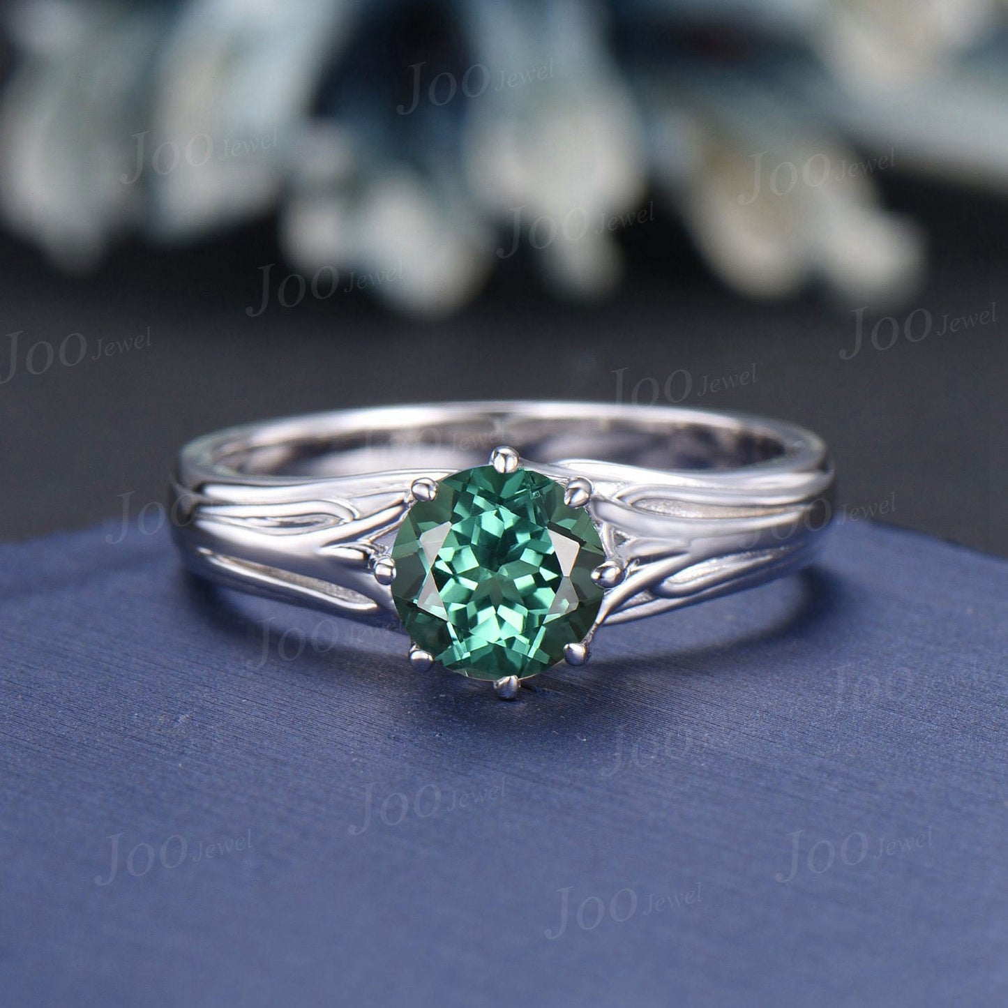 Tree of Life Teal Montana Sapphire Engagement Ring Round Green Sapphire Solitaire Wedding Ring Nature Inspired Jewelry Gift for Women/Family