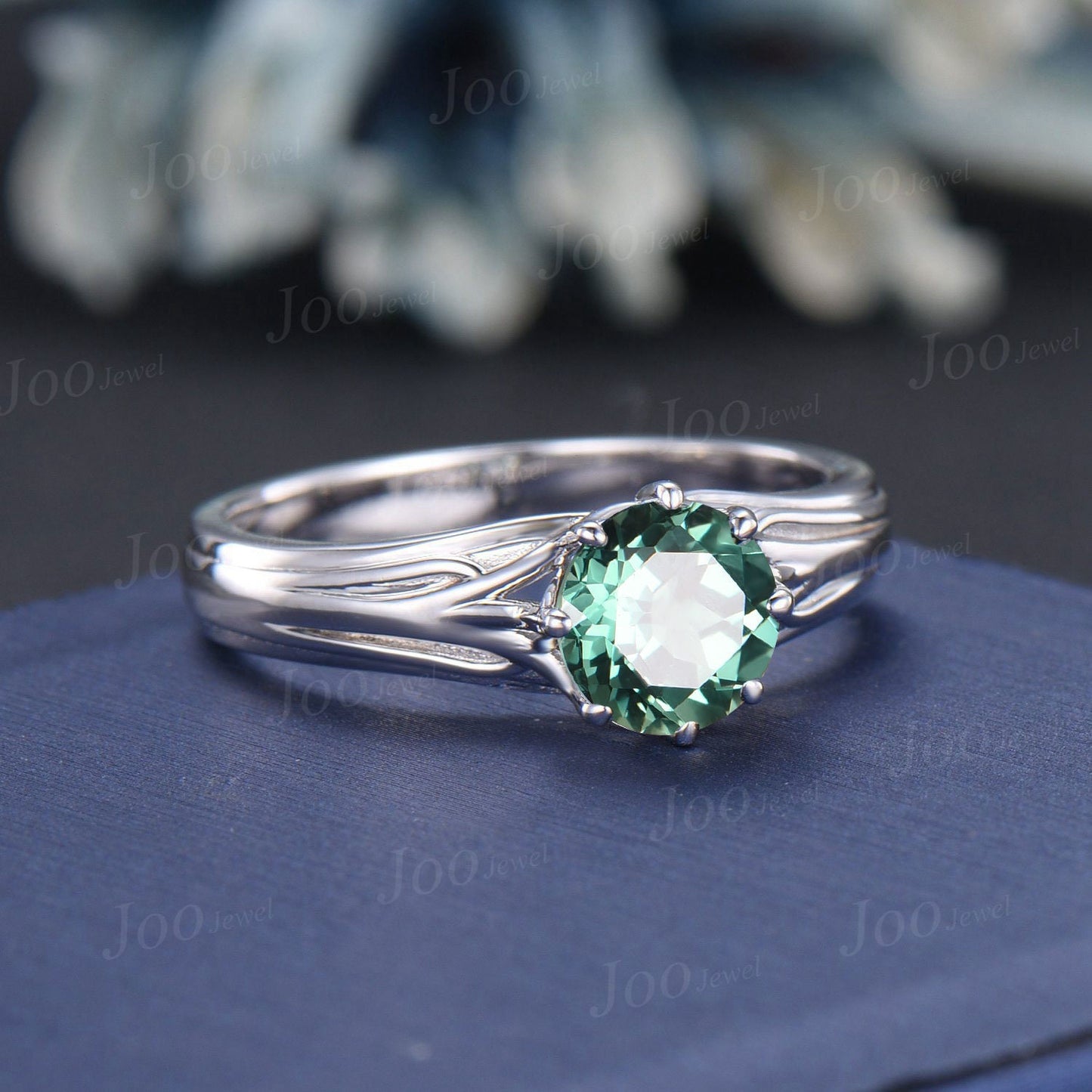 Tree of Life Teal Montana Sapphire Engagement Ring Round Green Sapphire Solitaire Wedding Ring Nature Inspired Jewelry Gift for Women/Family