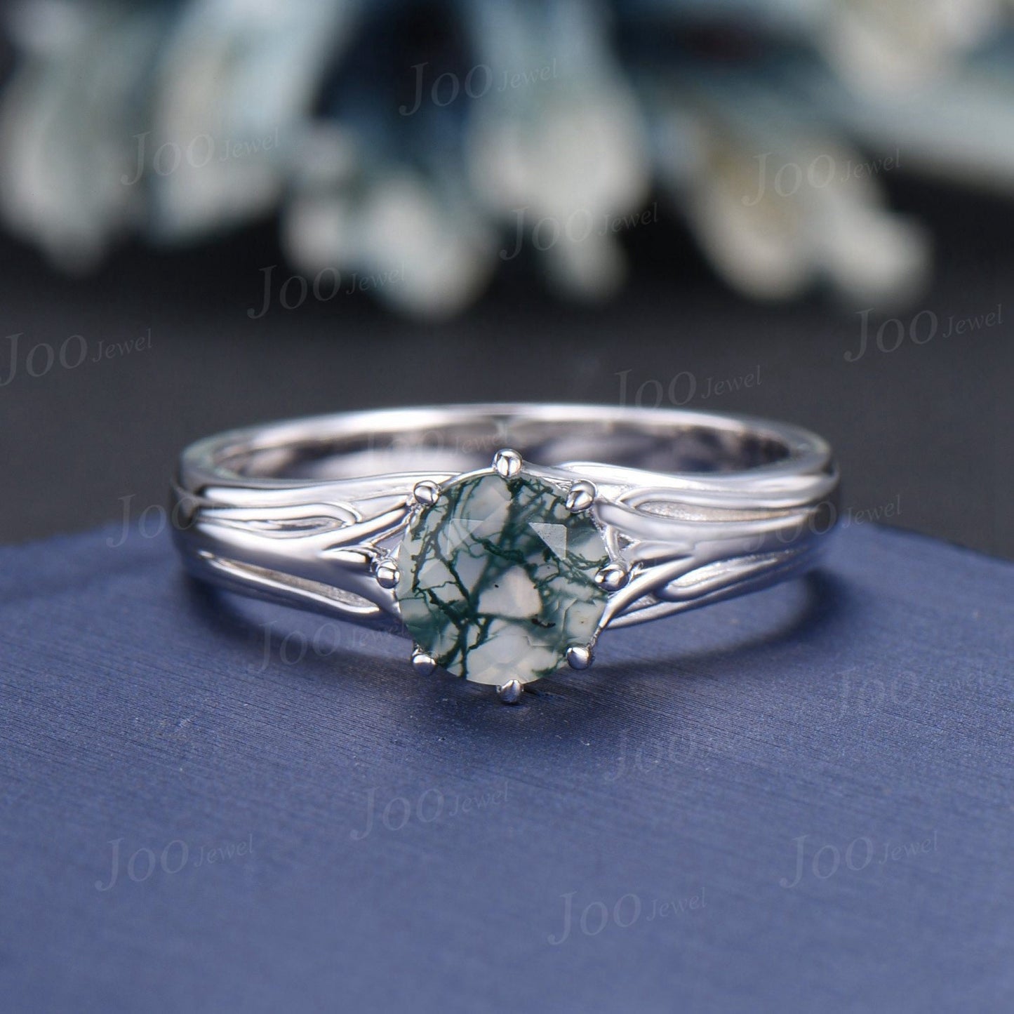 Tree Of Life Engagement Ring Round Cut Natural Green Moss Agate Solitaire Wedding Ring Unique Nature Inspired Jewelry Gift for Women/Family