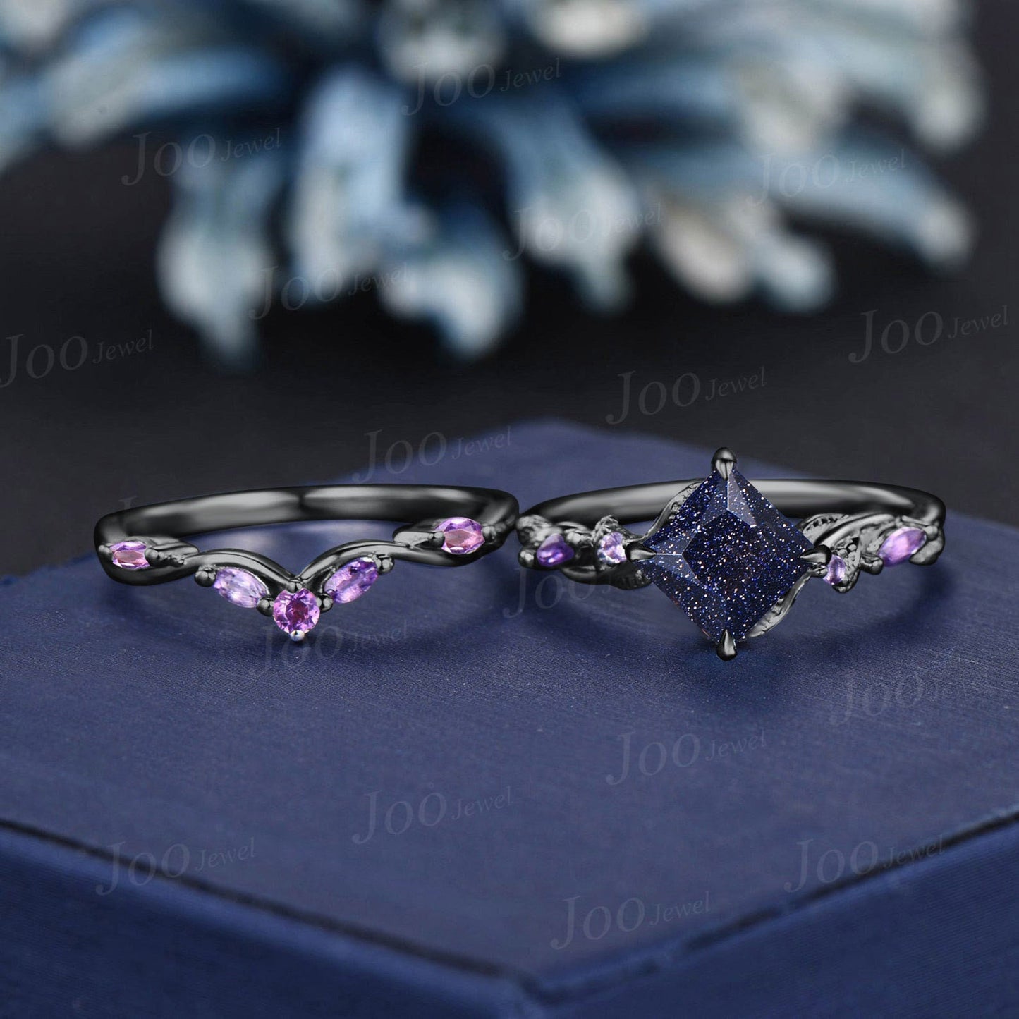 Princess Cut Blue Goldstone Ring Set Nature Inspired Galaxy Blue Sandstone Amethyst Bridal Set Unique Twig Vine Black Gold Wedding Ring Set