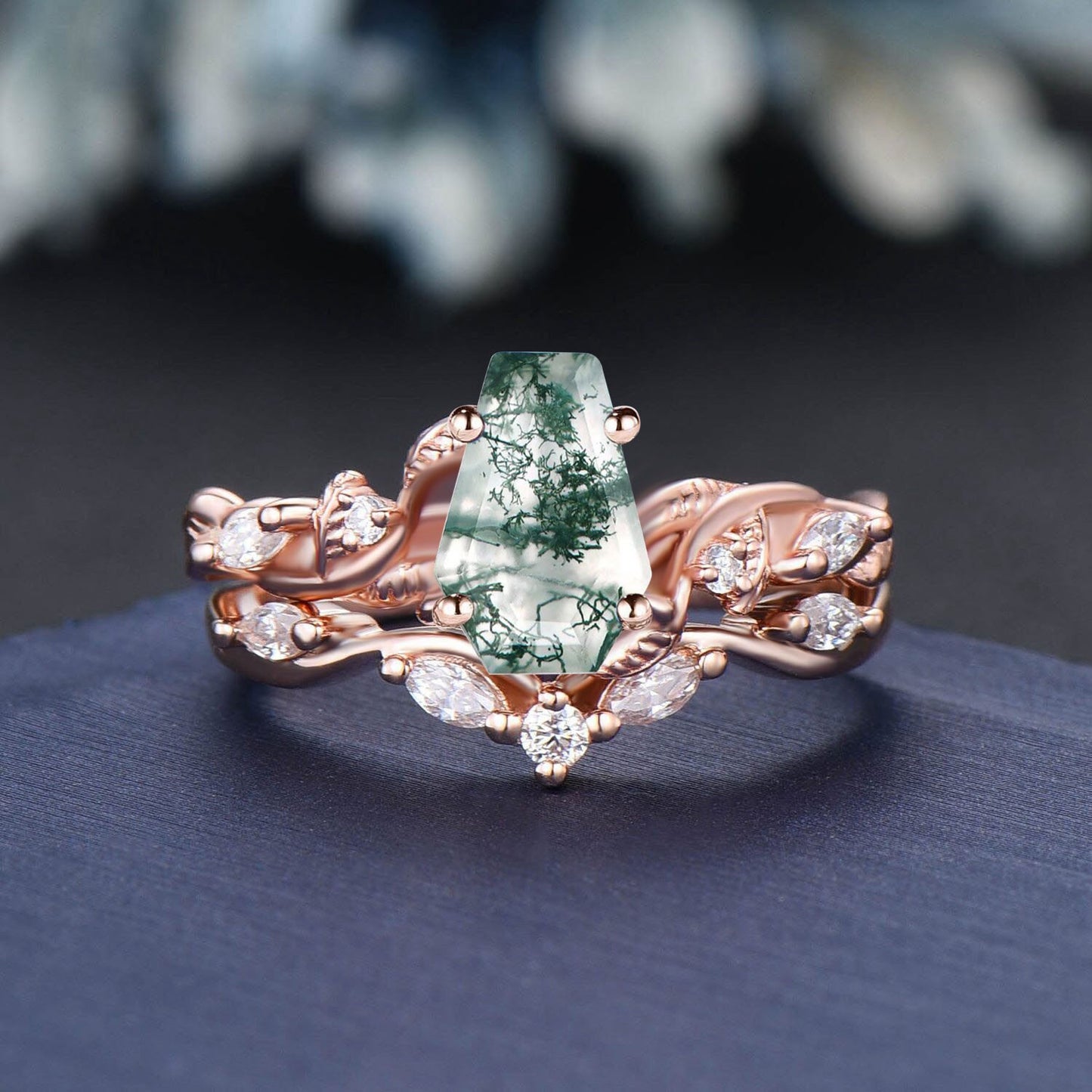 Twig Vine Kite/Princess/Heart/Oval Cut Natural Moss Agate Moissanite Engagement Ring Set Green Agate Wedding Ring Vintage Branch Bridal Set