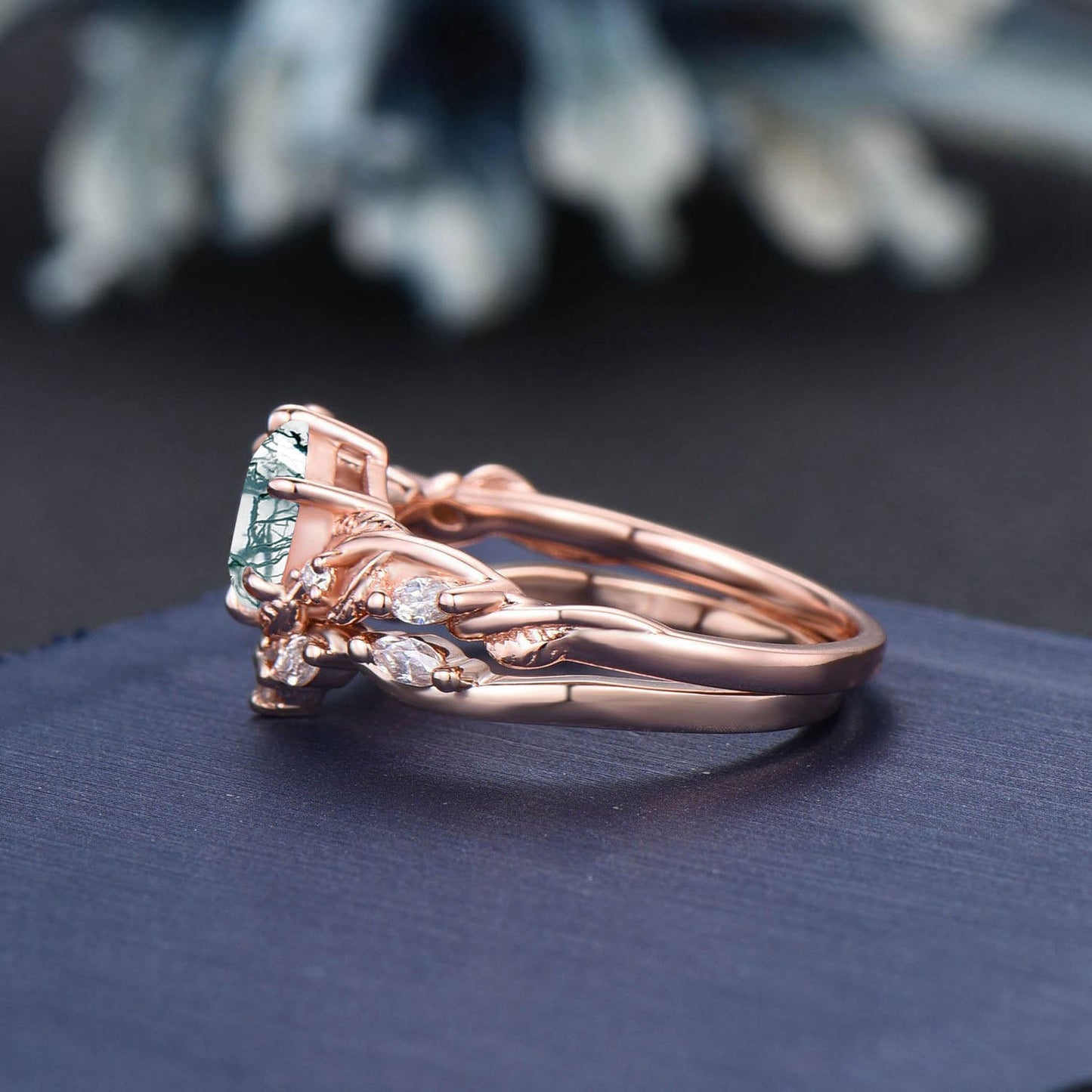 Twig Vine Kite/Princess/Heart/Oval Cut Natural Moss Agate Moissanite Engagement Ring Set Green Agate Wedding Ring Vintage Branch Bridal Set