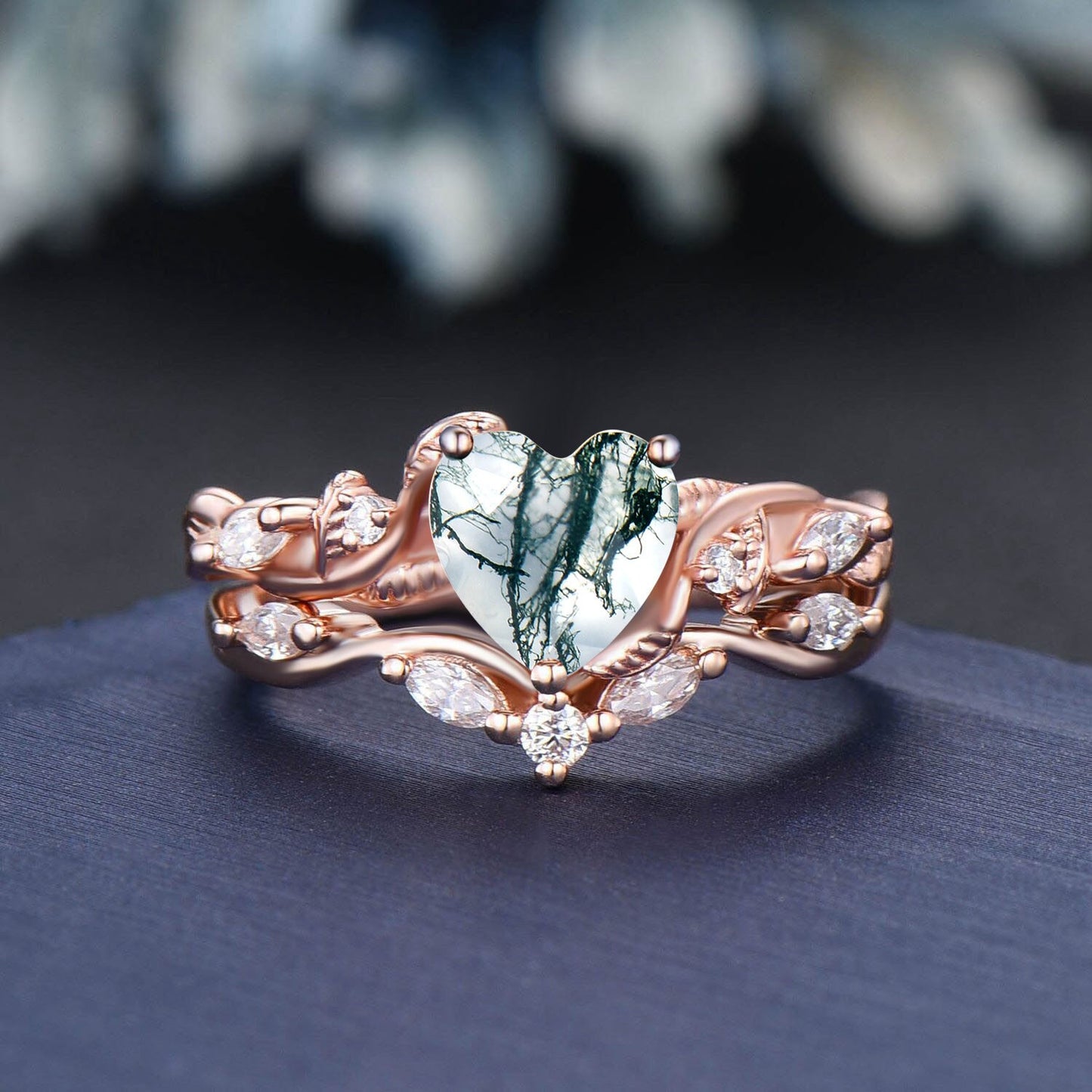 Twig Vine Kite/Princess/Heart/Oval Cut Natural Moss Agate Moissanite Engagement Ring Set Green Agate Wedding Ring Vintage Branch Bridal Set