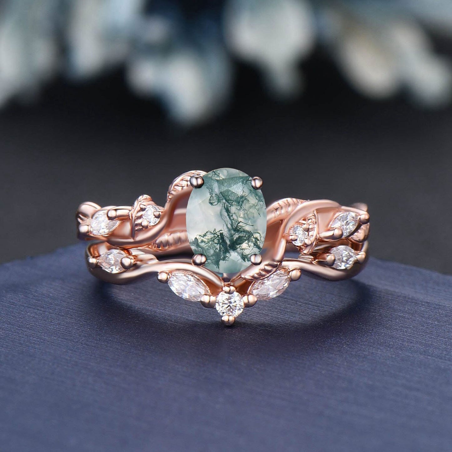 Twig Vine Kite/Princess/Heart/Oval Cut Natural Moss Agate Moissanite Engagement Ring Set Green Agate Wedding Ring Vintage Branch Bridal Set