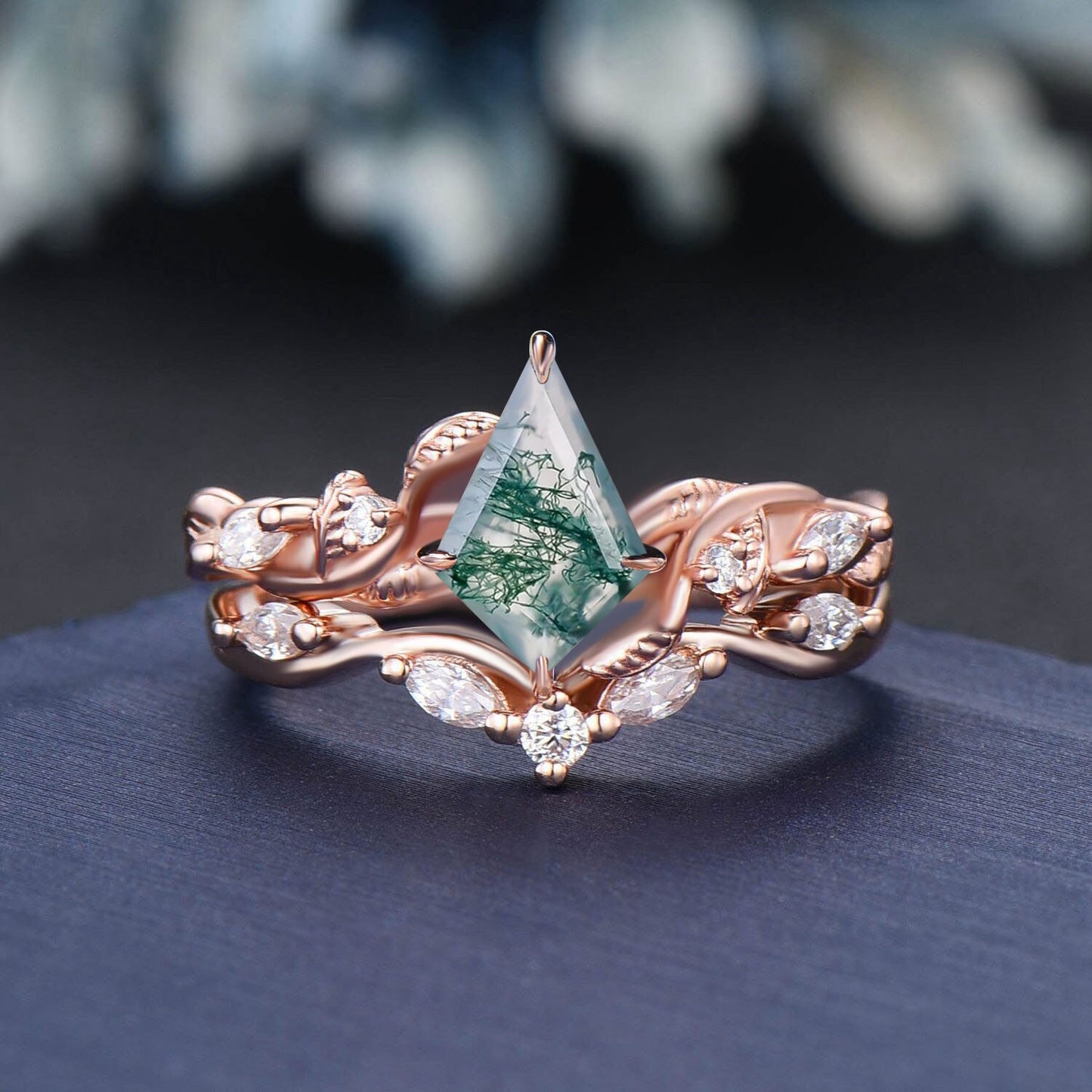 Twig Vine Kite/Princess/Heart/Oval Cut Natural Moss Agate Moissanite Engagement Ring Set Green Agate Wedding Ring Vintage Branch Bridal Set