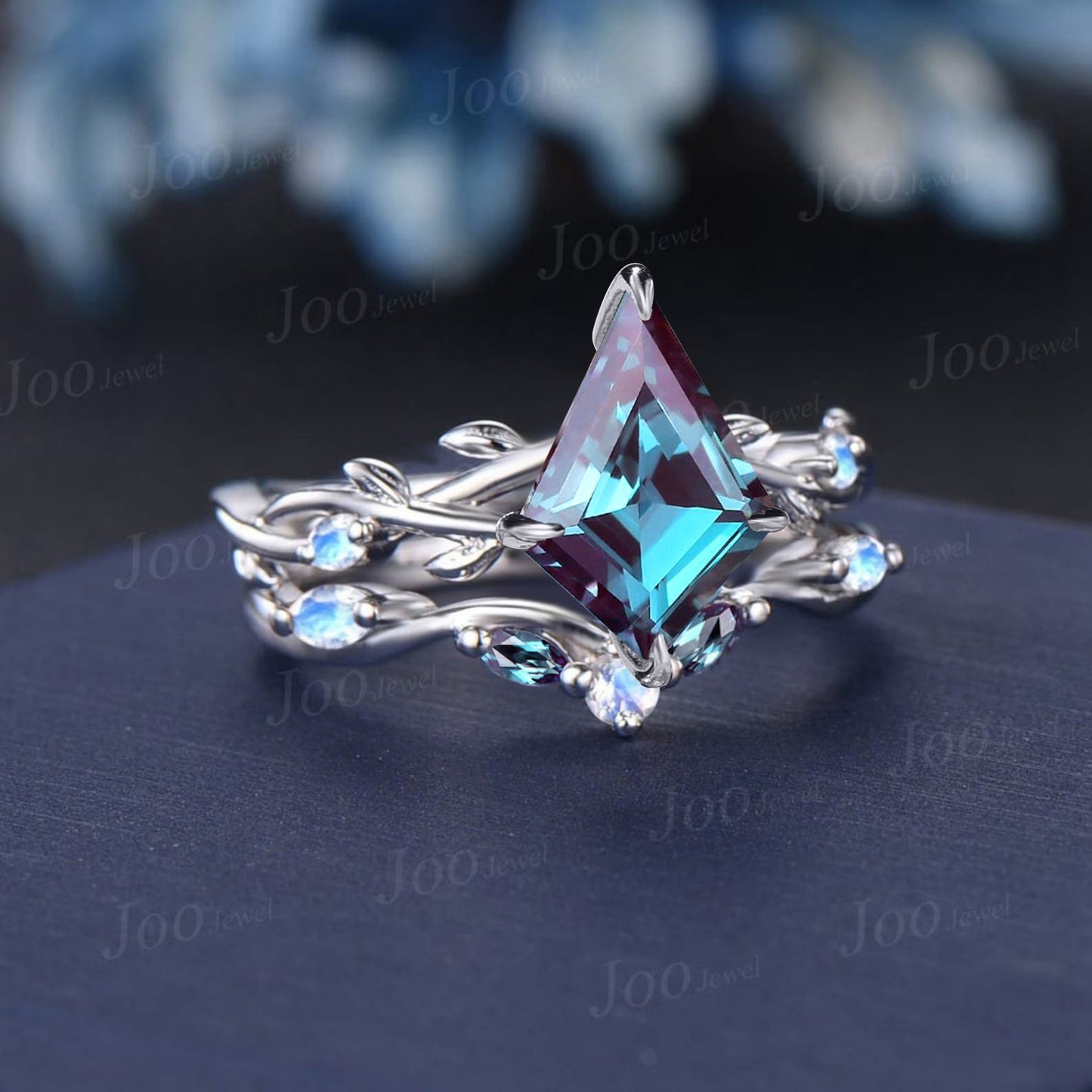 7*10mm Kite Alexandrite Ring Set Sterling Silver Nature Inspired Color-Change Alexandrite Moonstone Bridal Set Twig Vine Promise Ring Set