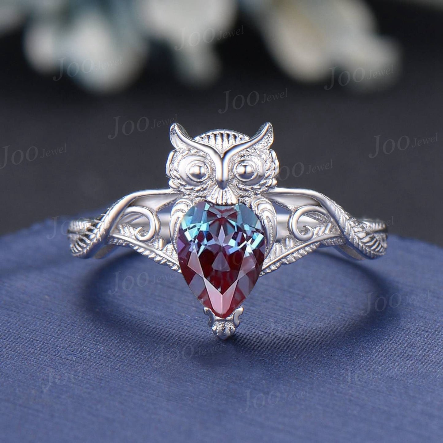 Unique Branch Twig Vine Owl Engagement Ring Pear Color-Change Alexandrite Wedding Ring Cute Owl Antique Nature Inspired Alexandrite Jewelry