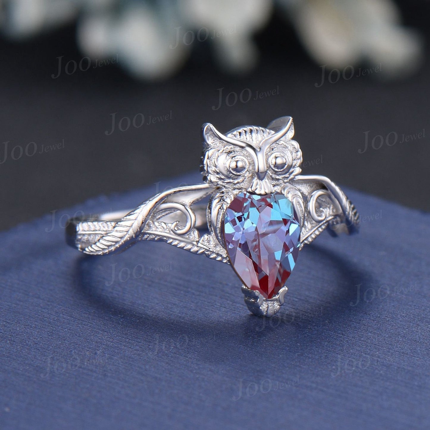 Unique Branch Twig Vine Owl Engagement Ring Pear Color-Change Alexandrite Wedding Ring Cute Owl Antique Nature Inspired Alexandrite Jewelry