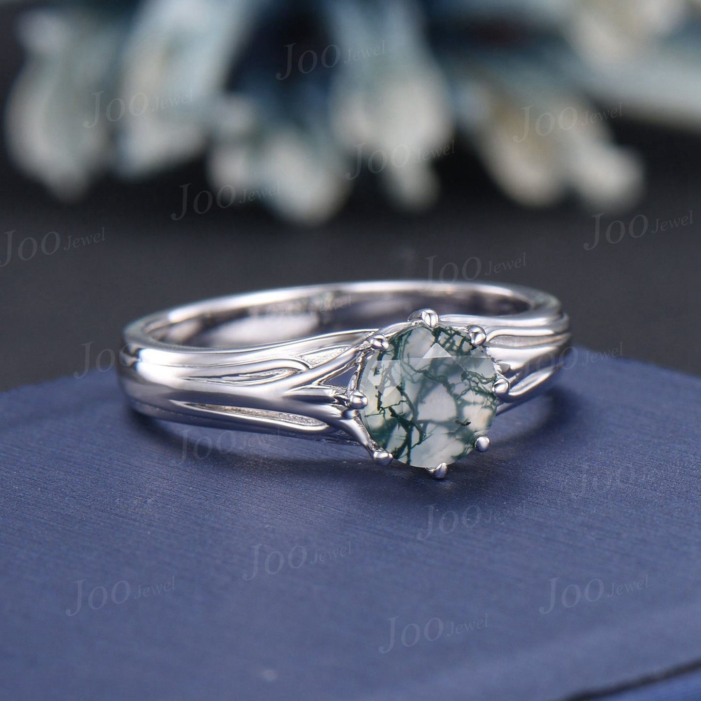 Tree Of Life Engagement Ring Round Cut Natural Green Moss Agate Solitaire Wedding Ring Unique Nature Inspired Jewelry Gift for Women/Family