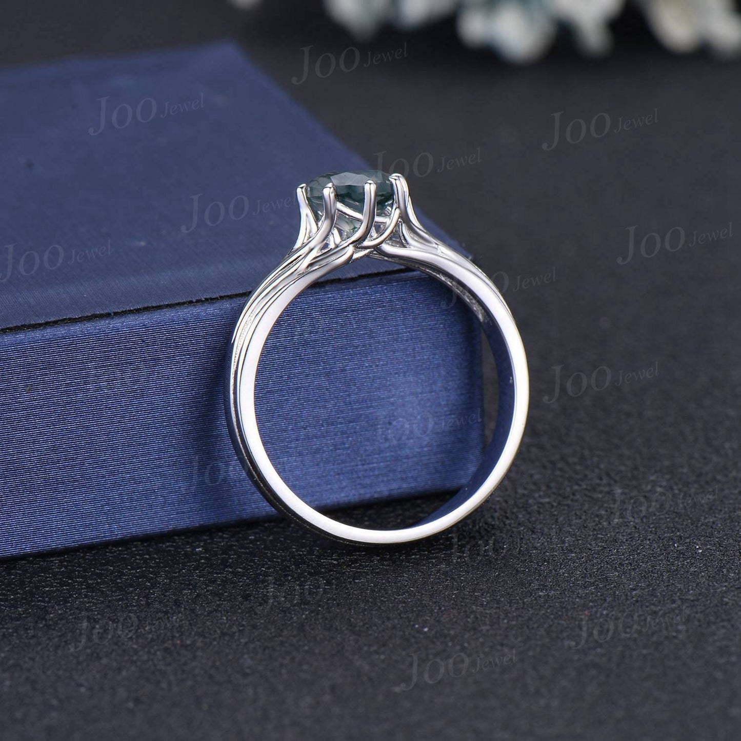 Tree Of Life Engagement Ring Round Cut Natural Green Moss Agate Solitaire Wedding Ring Unique Nature Inspired Jewelry Gift for Women/Family